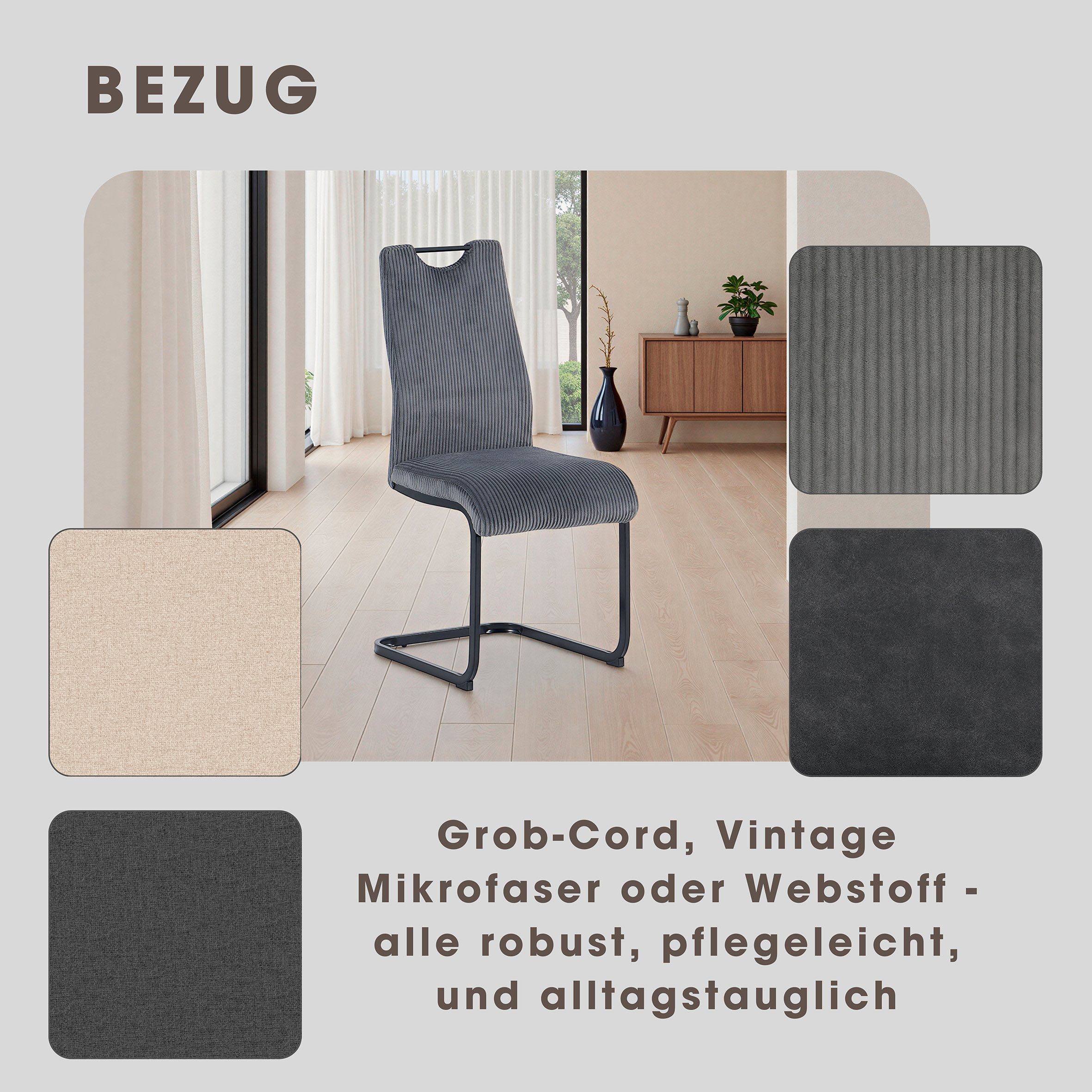 byLIVING Freischwinger CAPRI (Set, 2 St), Grob-Cord, bis 110 kg, Schaumstoff, Schwingstuhlgestell, mit Griff