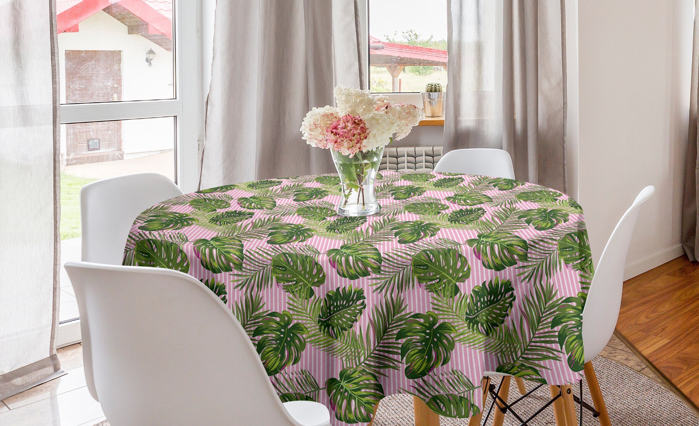 Abakuhaus Tischdecke Kreis Tischdecke Abdeckung für Esszimmer Küche Dekoration, Tropisch Monstera Palmblatt-Streifen