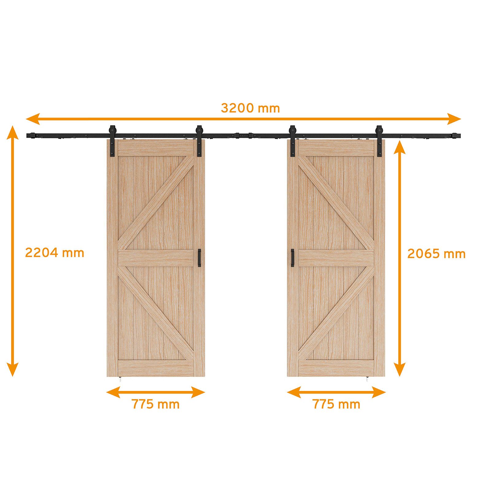 inova wohnen Doppelschiebetür Holz Scheunentor Eiche Größenauswahl (Komplett Set), Laufschiene schwarz Softclose