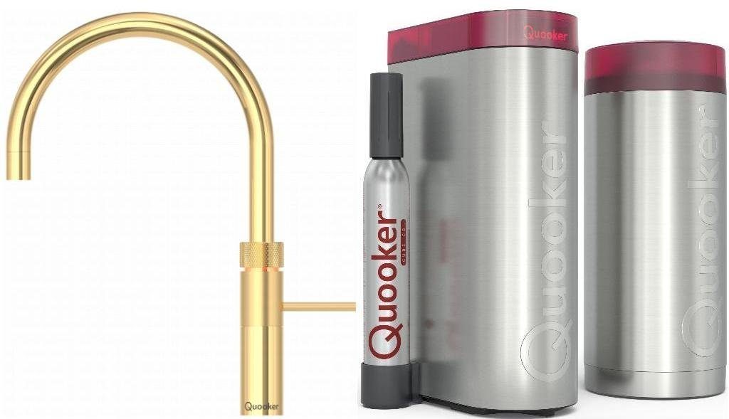 Küchenarmatur 100°C (22+FRGLDCUBE) FUSION Gold mit Kochendwasserhahn ROUND 2 (2-St) COMBI+ CUBE Trinkwassersystem mit B QUOOKER QUOOKER