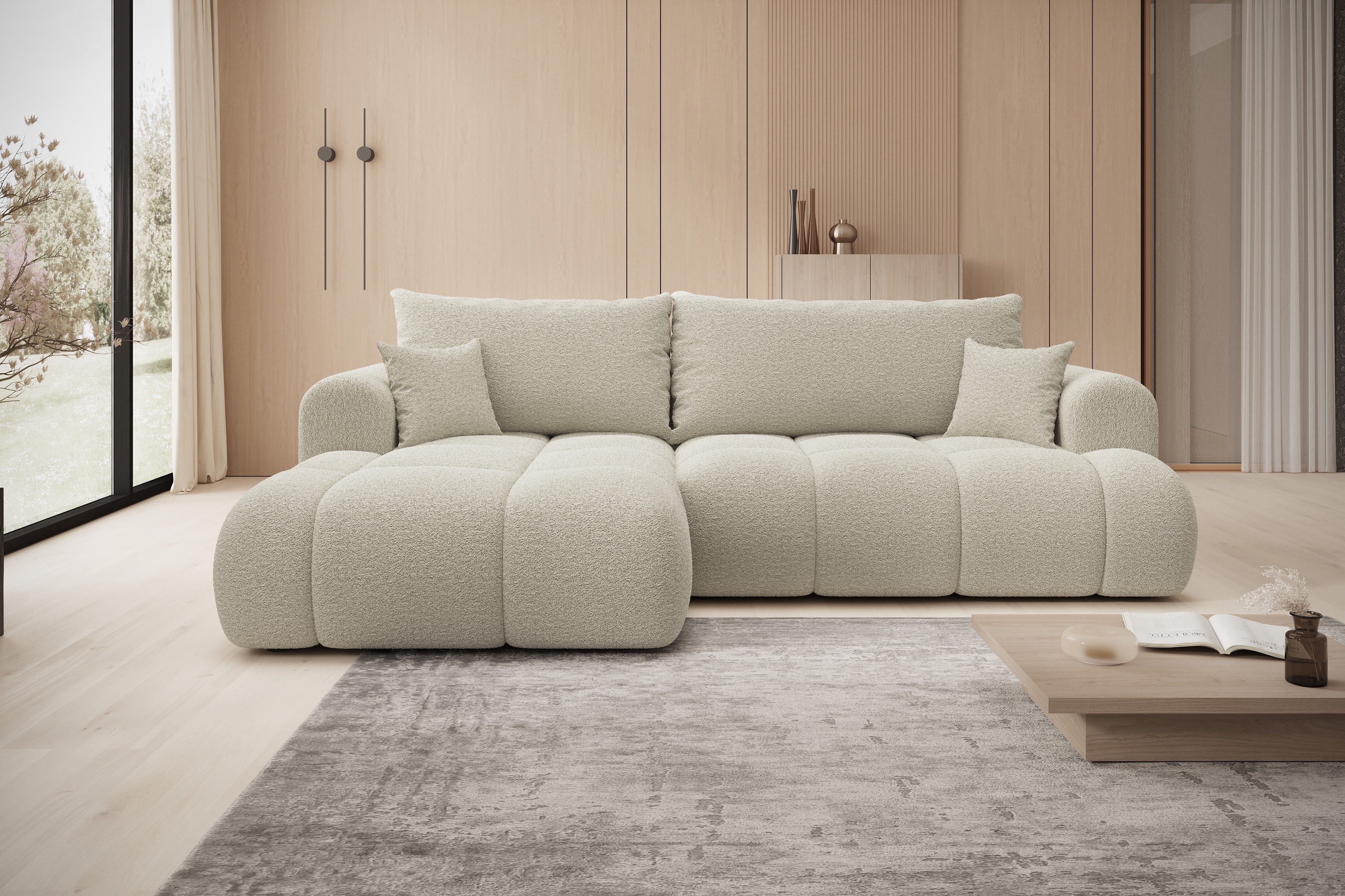 thematys Ecksofa TREVIO mit Schlaffunktion und Bettkasten, L-Form, Cord und Bouclé, 260 x 165cm - Luxus Couch mit Bettfunktion mit Bonnellfedern + 2 Kissen