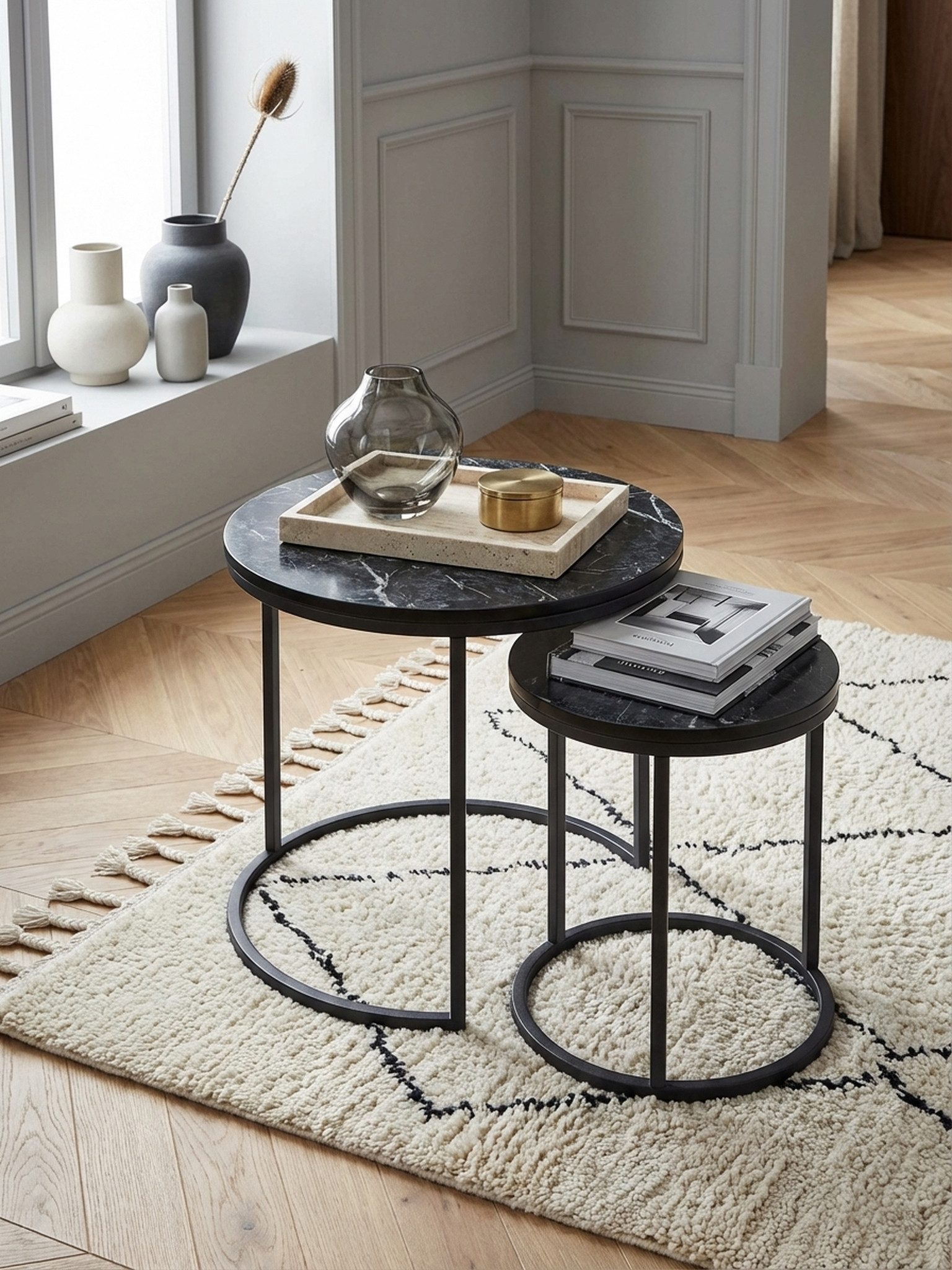 KADIMA DESIGN Satztisch Design Beistelltisch 2er Set Schwarz Marmor Optik Rund, Couchtisch (Satztische), 2-teilig Tischgestell Metall, Kleine Wohnzimmertische, Moderne