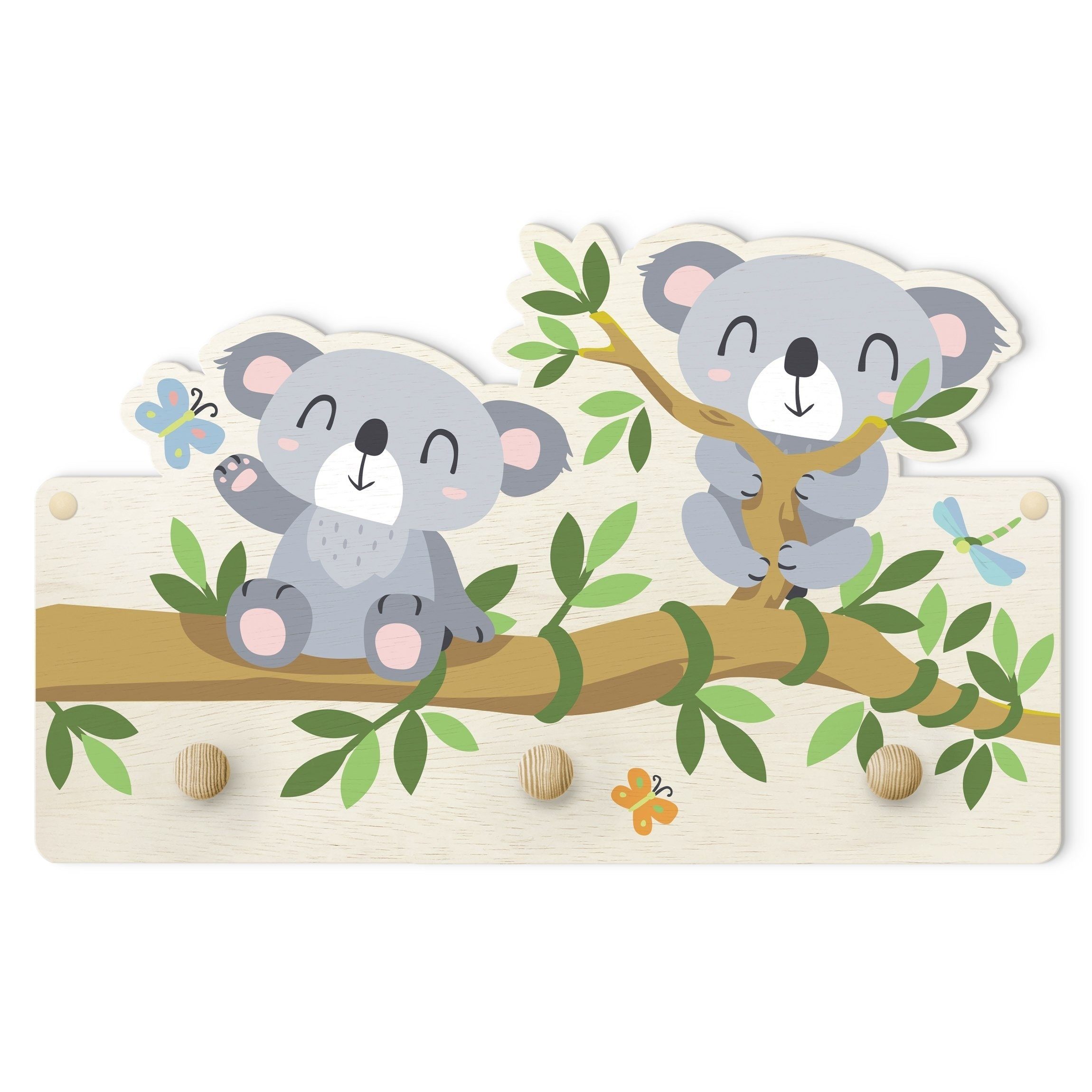 Bilderdepot24 Garderobenpaneel grau Tiere Bär Dschungel Wald Koala Set (Kindergarderobe holz Kleiderhaken für die Wand inkl. Montagematerial), moderne Wand Garderobenleiste Flur - kleine Hakenleiste Kinderzimmer