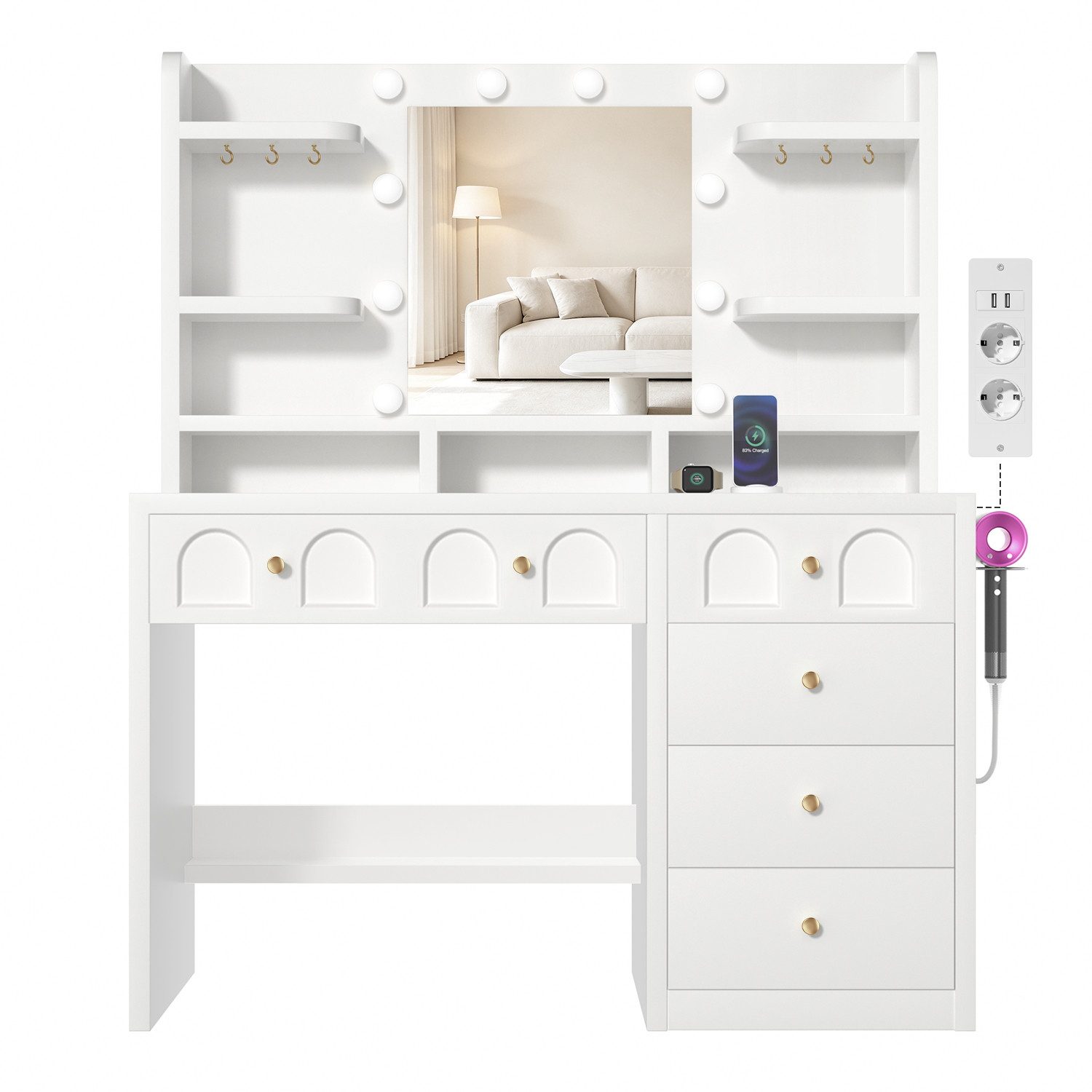 Lexzurn Schminktisch Schminktisch mit LED-Beleuchtung, Kosmetiktisch mit Spiegel, 4 Schubladen+6 offene Fächer, Helligkeit verstellbar, 92.6x132x36 cm