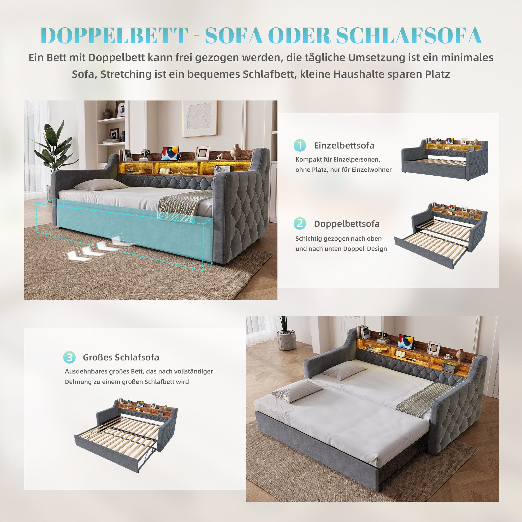 Celya Polsterbett Schlafsofa Samt-Sofabett 90x190 cm mit Ausziehbett, LED-Beleuchtung (ohne Matratze, mit Stauraum-Holzkopfteil, USB- und Type-C-Anschluss) – Bild 3 von 5