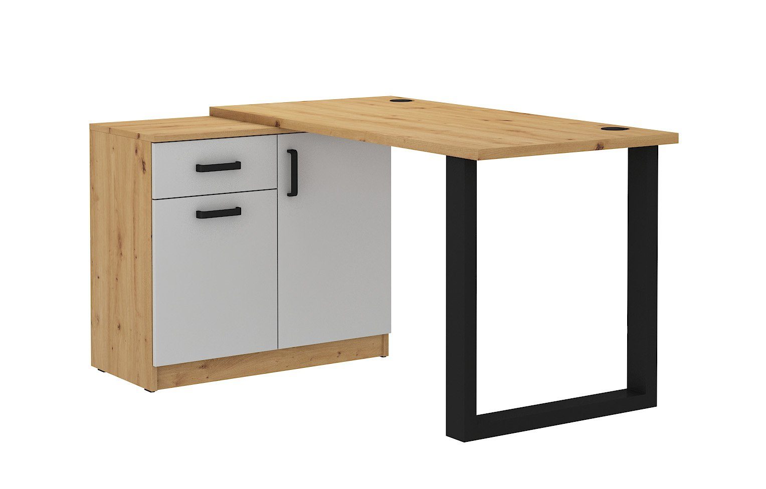 Furnix Schreibtisch MOLUKI 130 mit Kufenbein und Schrank Professionelle Büromöbel, Ecklösung mit Stauraum Grau Artisan