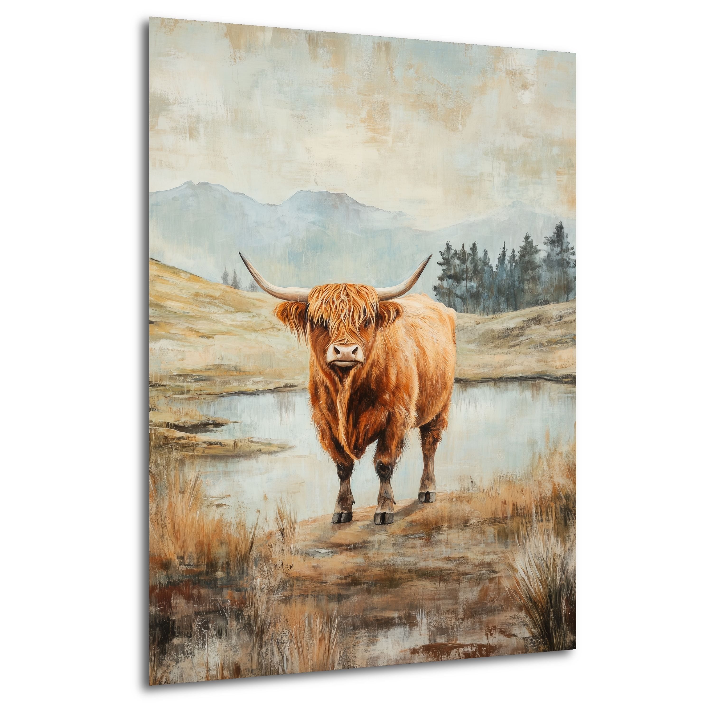 DARO Design Leinwandbild Modern Abstrakt Wandbilder XXL Wandbild Wand Deko Leinwand Bilder, (Rind am See - Bild groß Wohnzimmer Schlafzimmer Küche Esszimmer Einteilig Querformat Fotodruck Leinwände Wanddeko Abstrakte Kunst Boho), 60x40cm