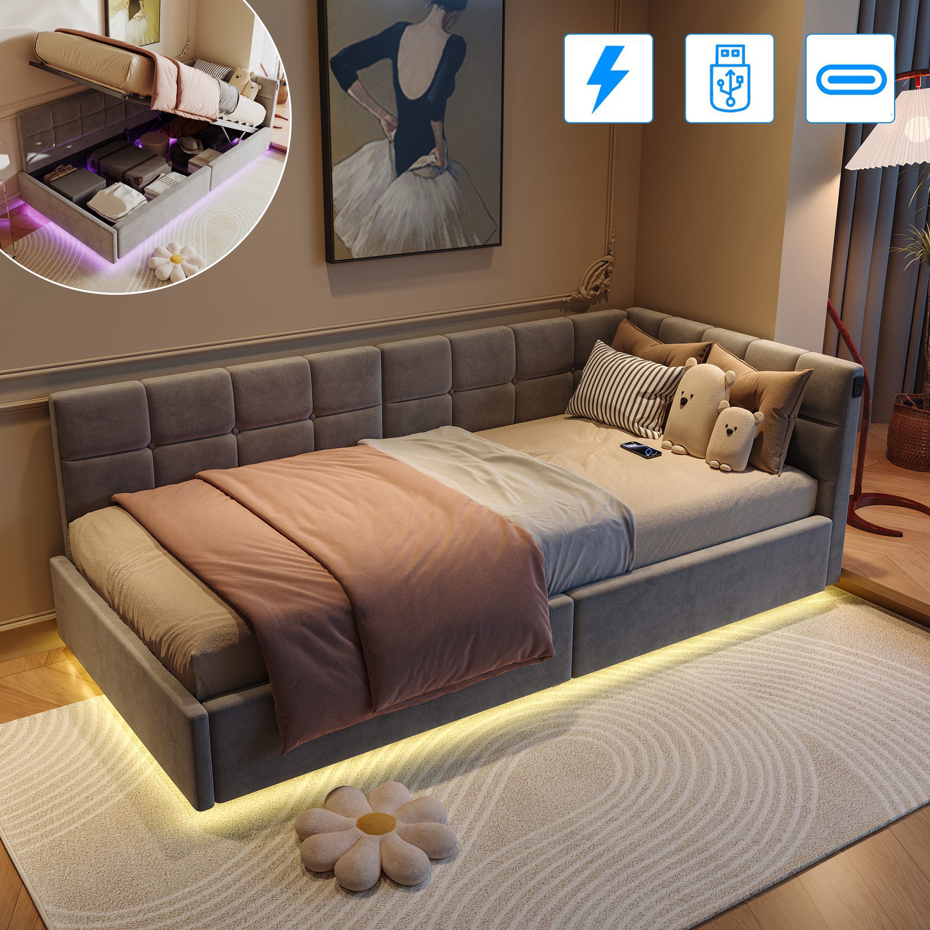 Gdood Polsterbett Daybett Jugendbett Tagesbett (1-tlg., Hydraulisch hebbare günstig online kaufen