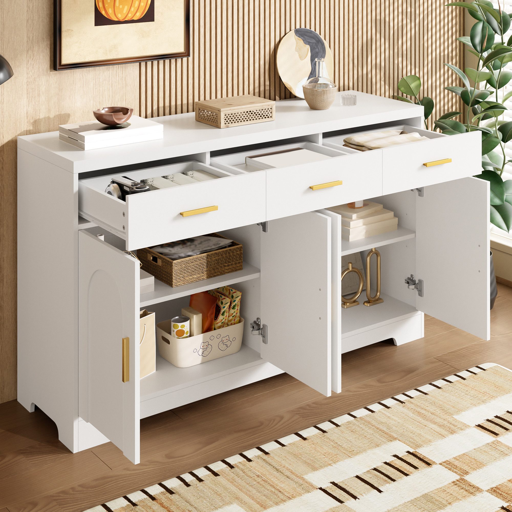 Merax Sideboard mit goldenen Metallgriffen, Dielenschrank Wohnzimmerschrank (140 x 40 x 83 cm, 1 St), Kommode mit 4 Bogen-Türen,3 Schubladen,höhenverstellbaren  – Bild 2 von 5