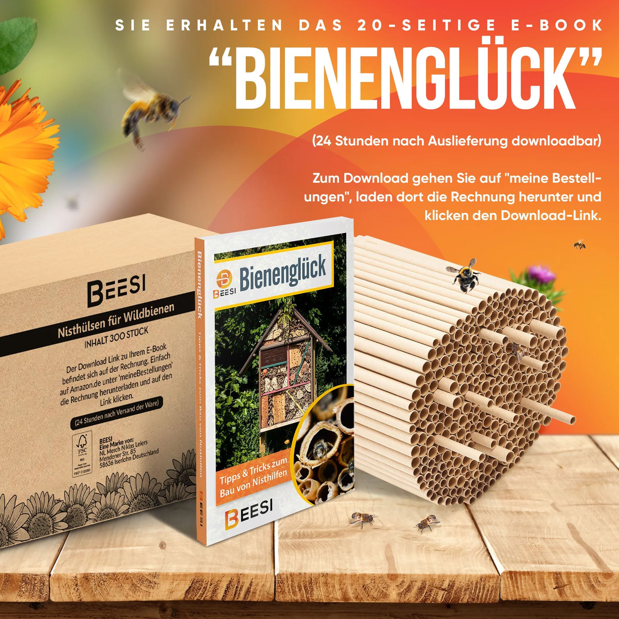 BEESI Insektenhotel 300x Nisthülsen aus Pappe 15 cm lang Durchmesser 6 UND 8 mm gemischt, (Set, 300-St), 8T x 20B x 15,5H cm