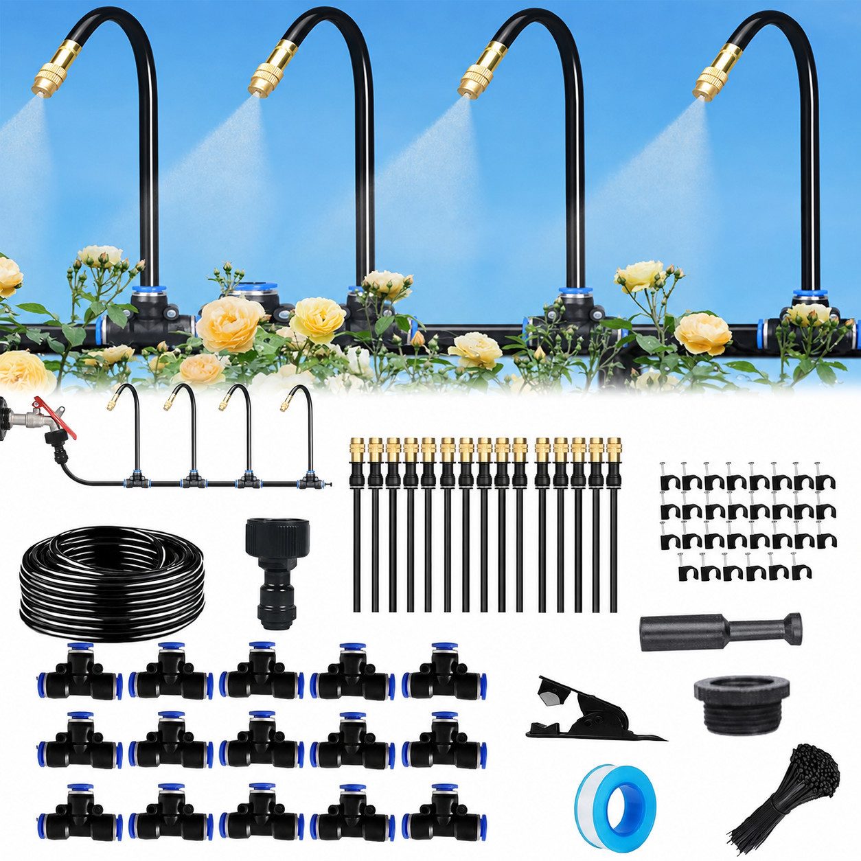 AIMAX Bewässerungssystem Garten 15 m, automatische Gartenbewässerung, Automatische Bewässerung mit 15 einstellbaren Sprühdüsen, 6 mm