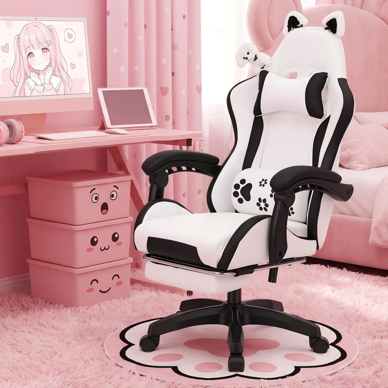 oyajia Gaming-Stuhl Bürostuhl Ergonomisch mit Kopfstütze und Katzenohren, PU-Leder (Gamer Stuhl, Racing Computerstuhl PC Stuhl mit Fußstütze Kopfstütze, 1 St),  – Bild 2 von 5