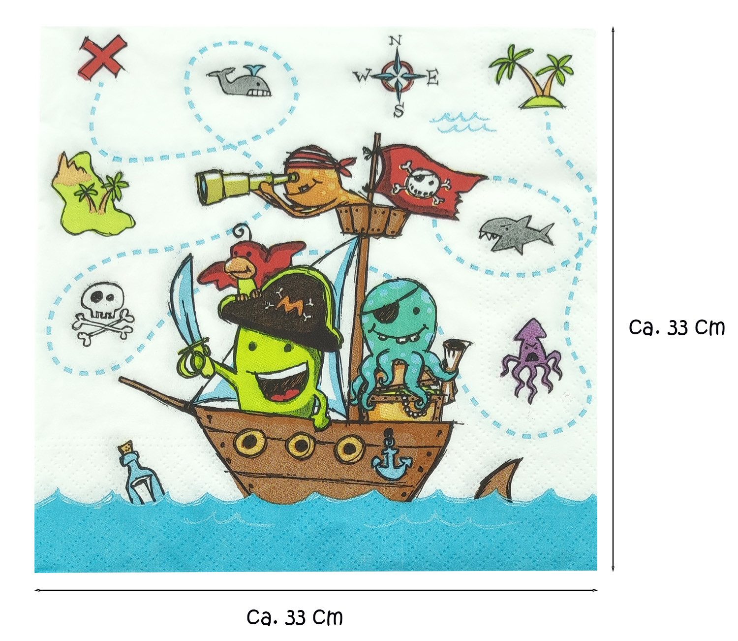 PAPSTAR Papierserviette 20 Servietten Piratenmotiv Bunt 330x330mm, (Set, 20 St., Sevietten), Servietten Geburtstagsservietten Partyservietten Piraten