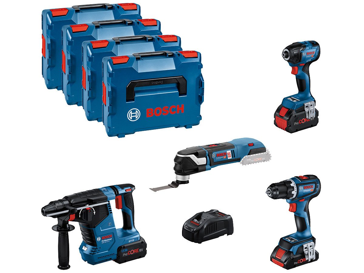 Bosch Professional Elektrowerkzeug-Set "Elektriker", Set, 15-tlg., Ladegerät GAL 1880 CV, ProCore Akku 4,0 Ah, 2 x ProCore Akku 5,5 Ah, GSR 18 V-90 C, GDR 18 V-210 C, GBH 18 V-24 C, GOP 18 V-28