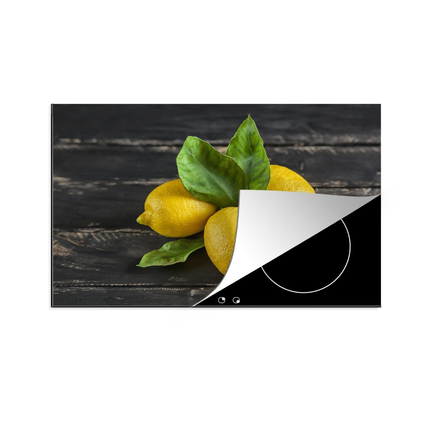 MuchoWow Herdblende-/Abdeckplatte Zitronen mit grünen Zitronenblättern auf einem dunklen Holzhintergrund, Vinyl, (1 tlg), 81x52 cm, Induktionskochfeld Schutz für die küche, Ceranfeldabdeckung