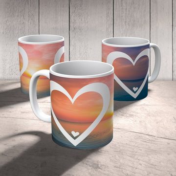 Mr. & Mrs. Panda Kinderbecher Herz - Sonnenuntergang - Geschenk, Verschenken, Kindertasse, Plastik, Kunststoff, Mikrowellenbeständig