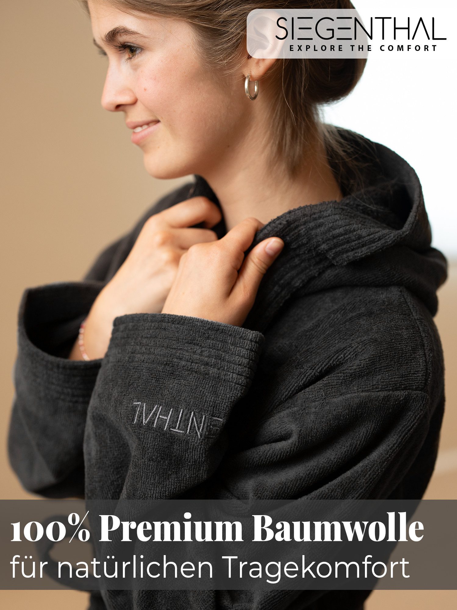 SIEGENTHAL Damenbademantel SIEGENTHAL® Damen Bademantel Frottee Velour Kapuze Weich Wellness Spa, Kapuze, Bindegürtel