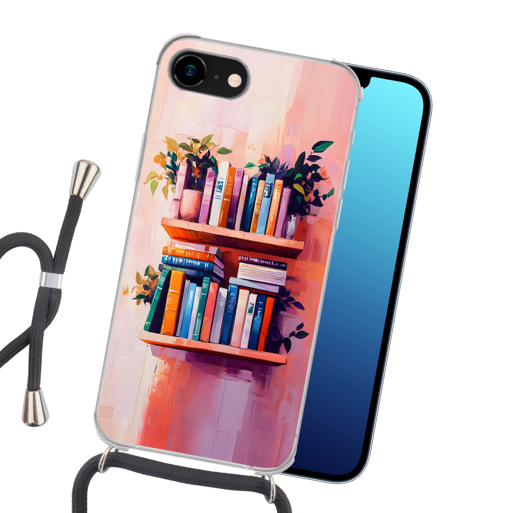 MuchoWow Handyhülle für Apple iPhone 8 Regale - Bücher - Blätter, Tragbare Handyhüllen mit Kette zum umhängen, Handykette Handyband