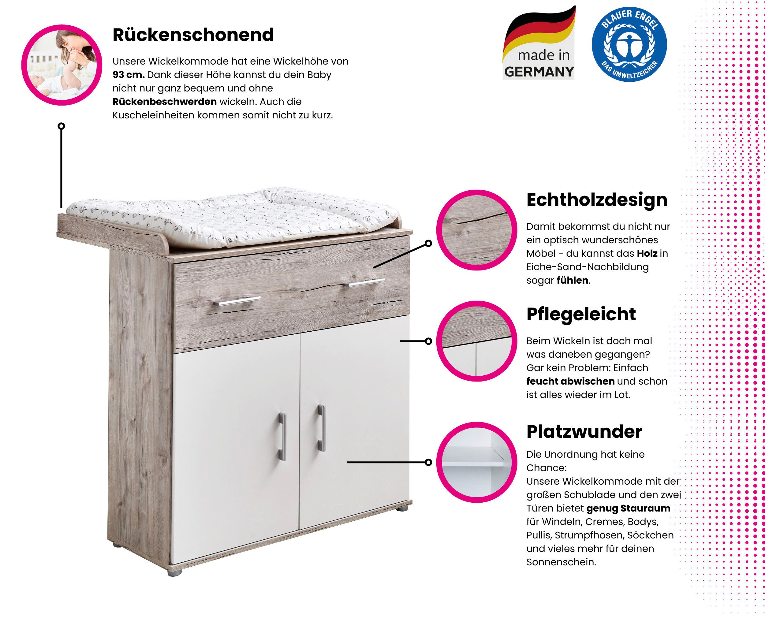 OTTO home Babyzimmer-Komplettset Rieke Bis ins Jugendalter, toll für kleine Zimmer, (Spar-Set, 4-tlg., Kinderbett, Schrank 3 türig, Wickelkommode + Unterbauregal), Made in Germany, Blauer Engel zertifiziert, zeitloses Design
