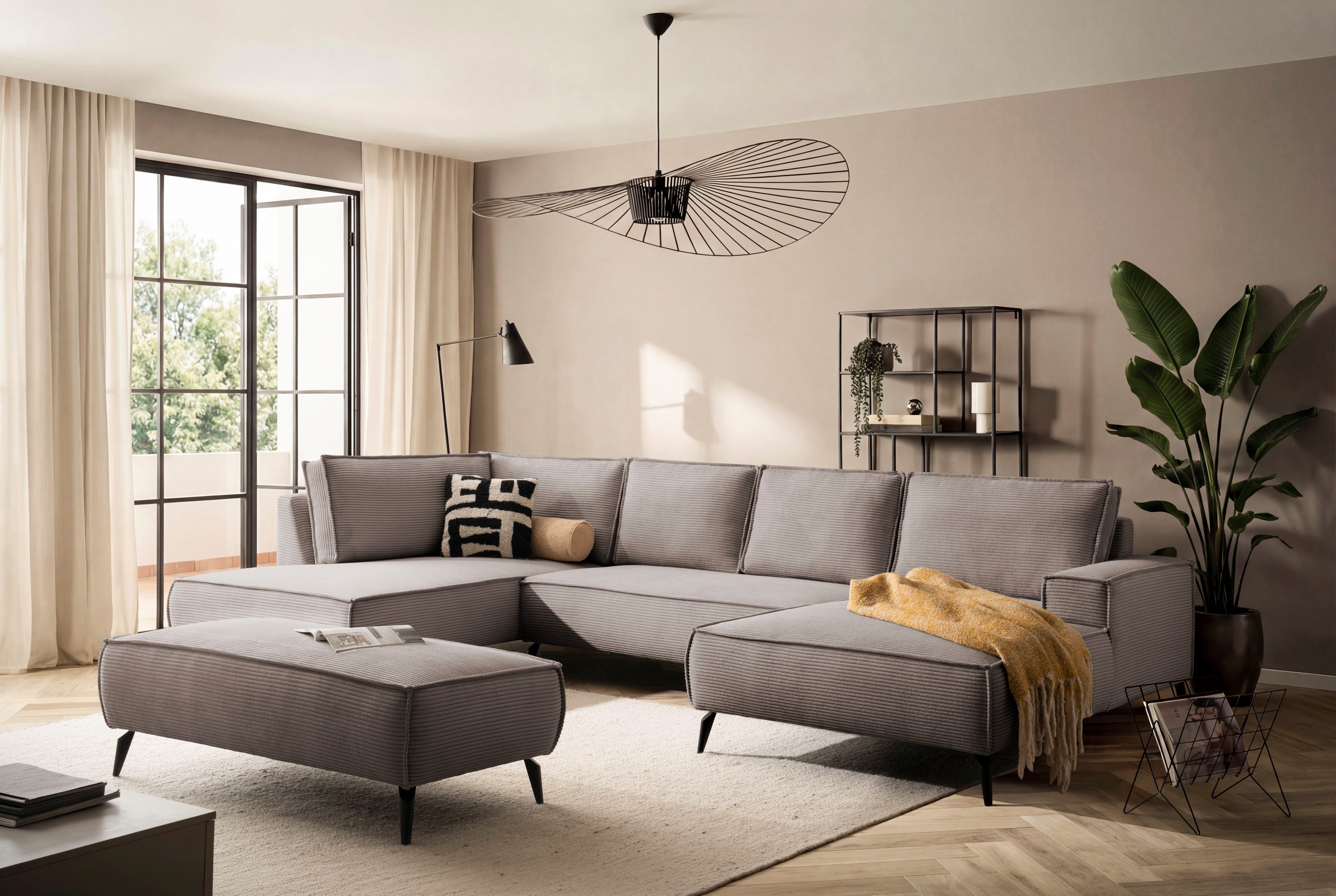 Home affaire Wohnlandschaft Tvinnu, moderne U-Form, Couch in Cord oder Webstoff in Leinenoptik, Set 2 Teile, Recamiere rechts/links, schwarze Metallfüße, bequeme Sitz-/Liegefläche