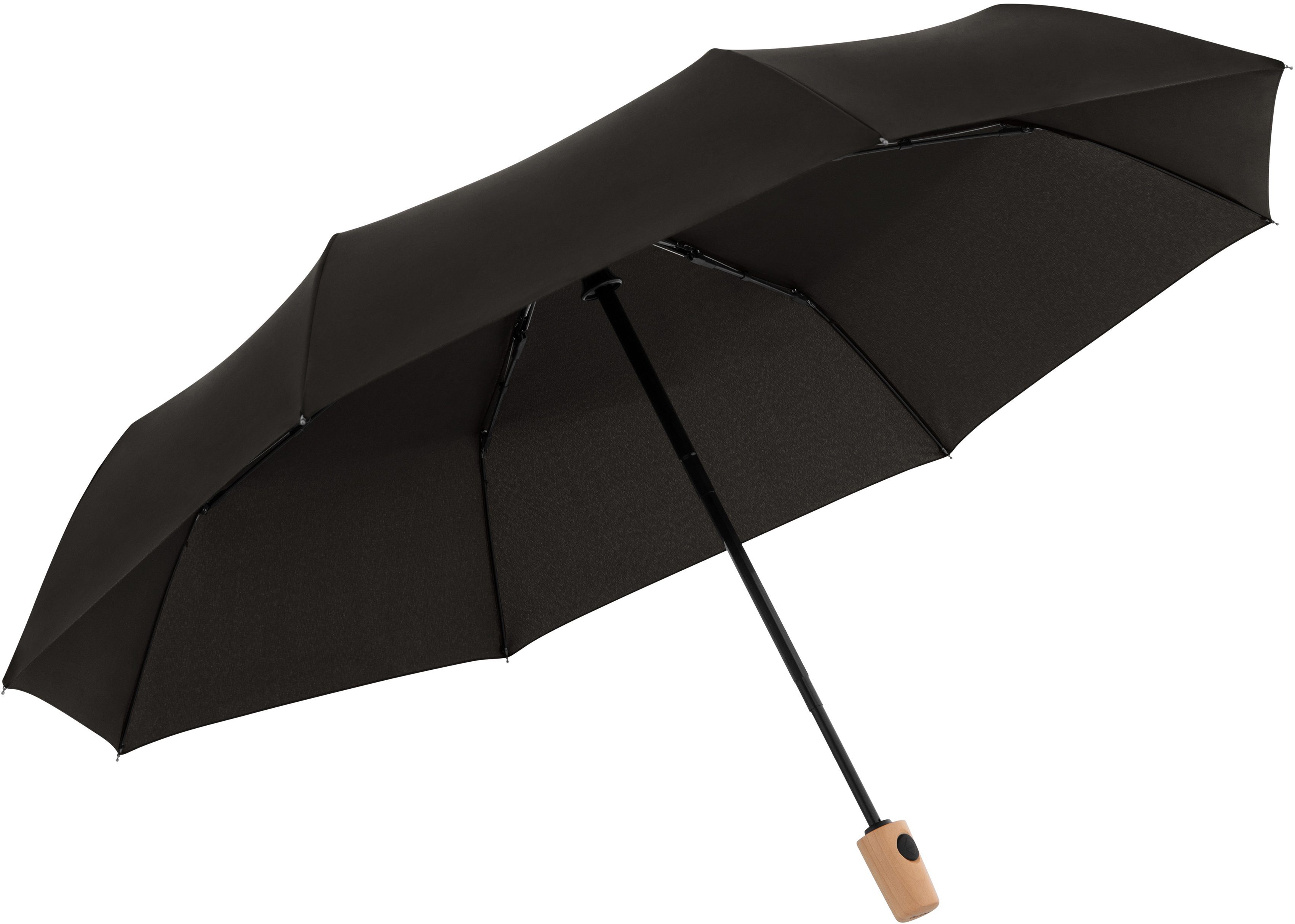 doppler® Taschenregenschirm weltweit aus schützt simple Material nature Black mit recyceltem Wald Simply Griff - black, aus Magic, FSC®