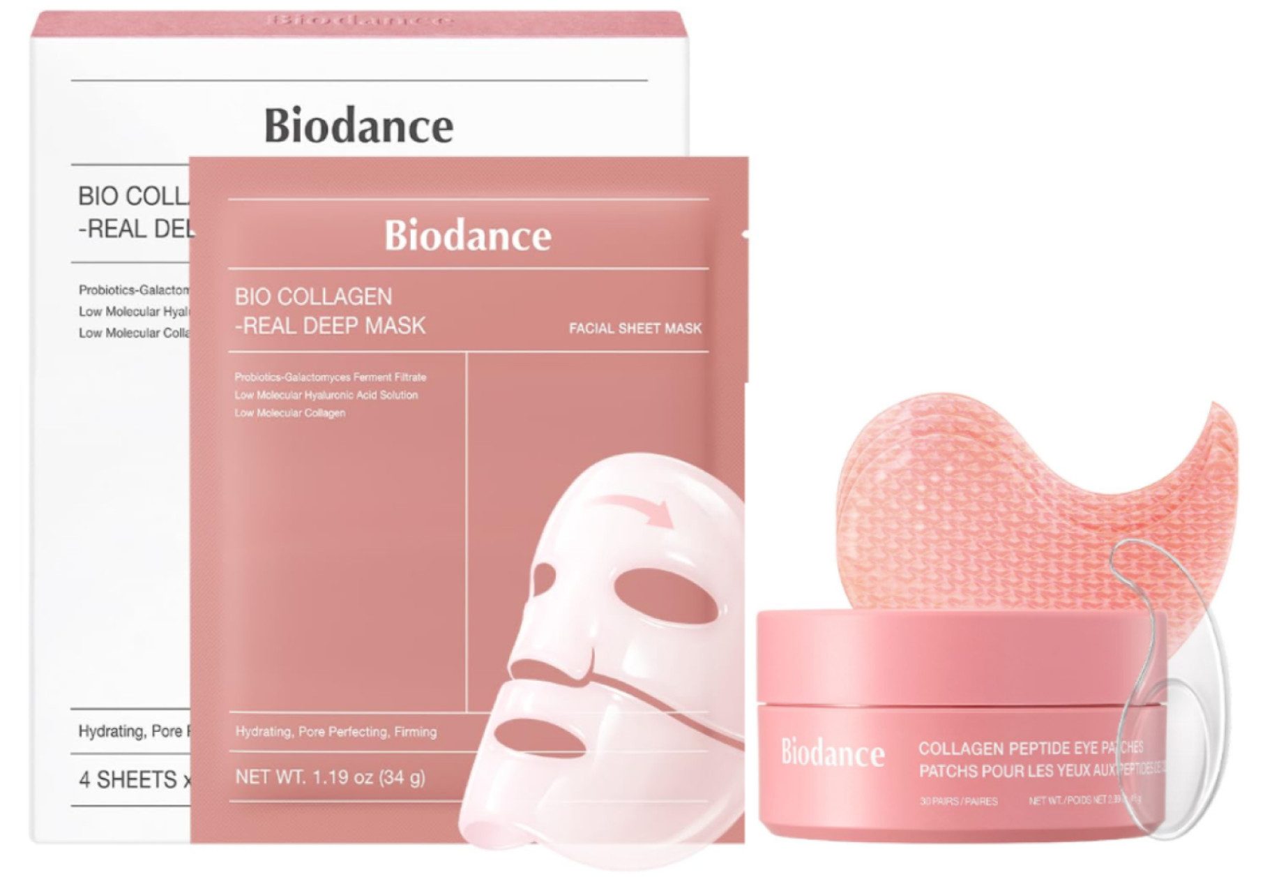 Biodance Gesichtspflege-Set Bio-Collagen Real Deep Mask & Collagen Peptide Augenpads Perfekt für die koreanische Glass-Skin-Pflegeroutine, 2-tlg., 4er Pack Gesichtsmaske + 60 Stk. Augenpads