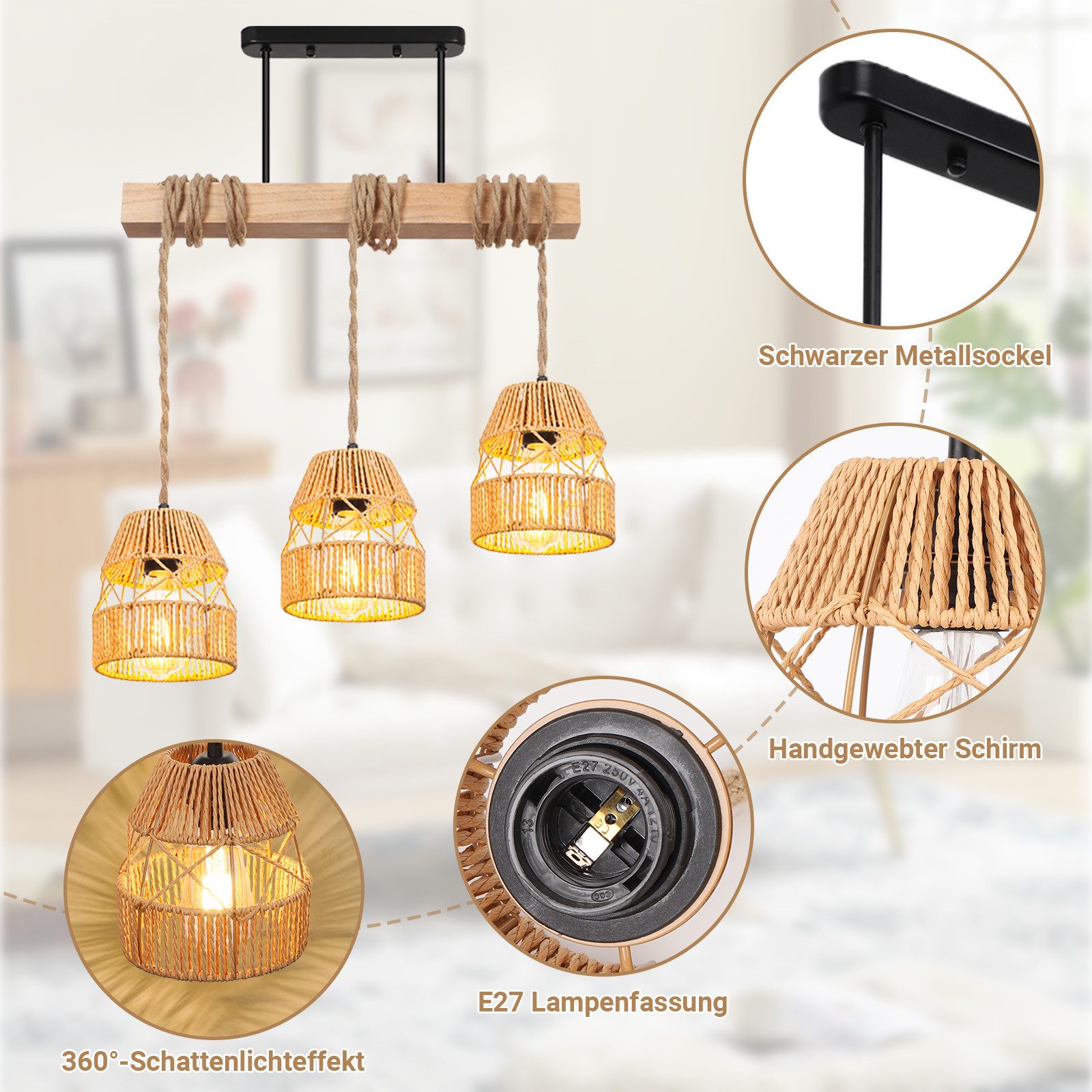Rosnek Hängeleuchten 3-flammige Rattan Pendelleuchte 40 W – Höhenverstellbar, E27 Lampe, Halogen, Farmhouse Kronleuchter für Kücheninsel, Esszimmer oder Wohnbereich