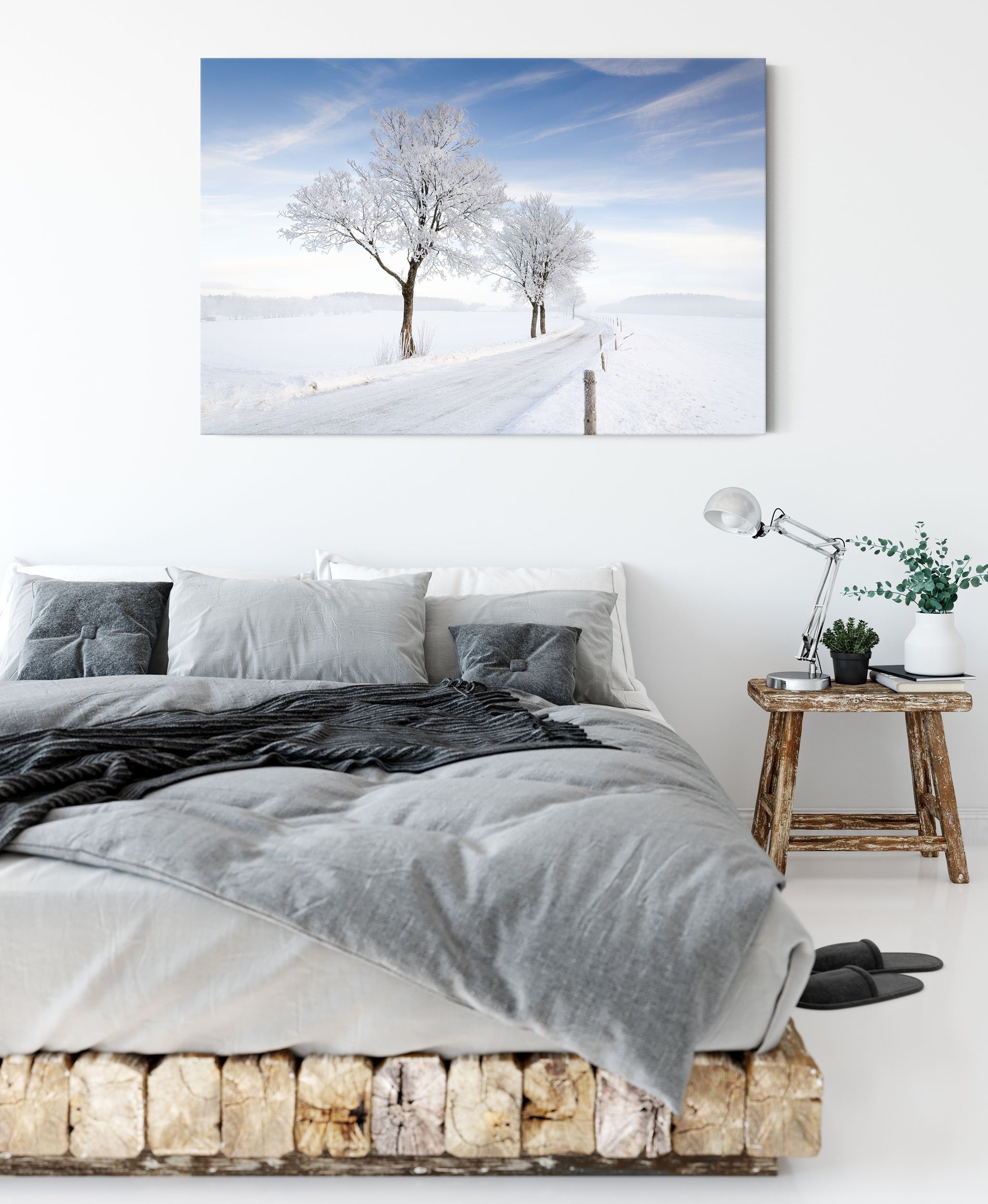 St), (1 fertig Baum Baum Pixxprint Schnee, Leinwandbild im bespannt, Zackenaufhänger Leinwandbild Schnee im inkl.