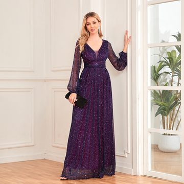 jalleria Dirndl Funkelndes Langarmkleid mit V-Ausschnitt langes elegantes Abendkleid