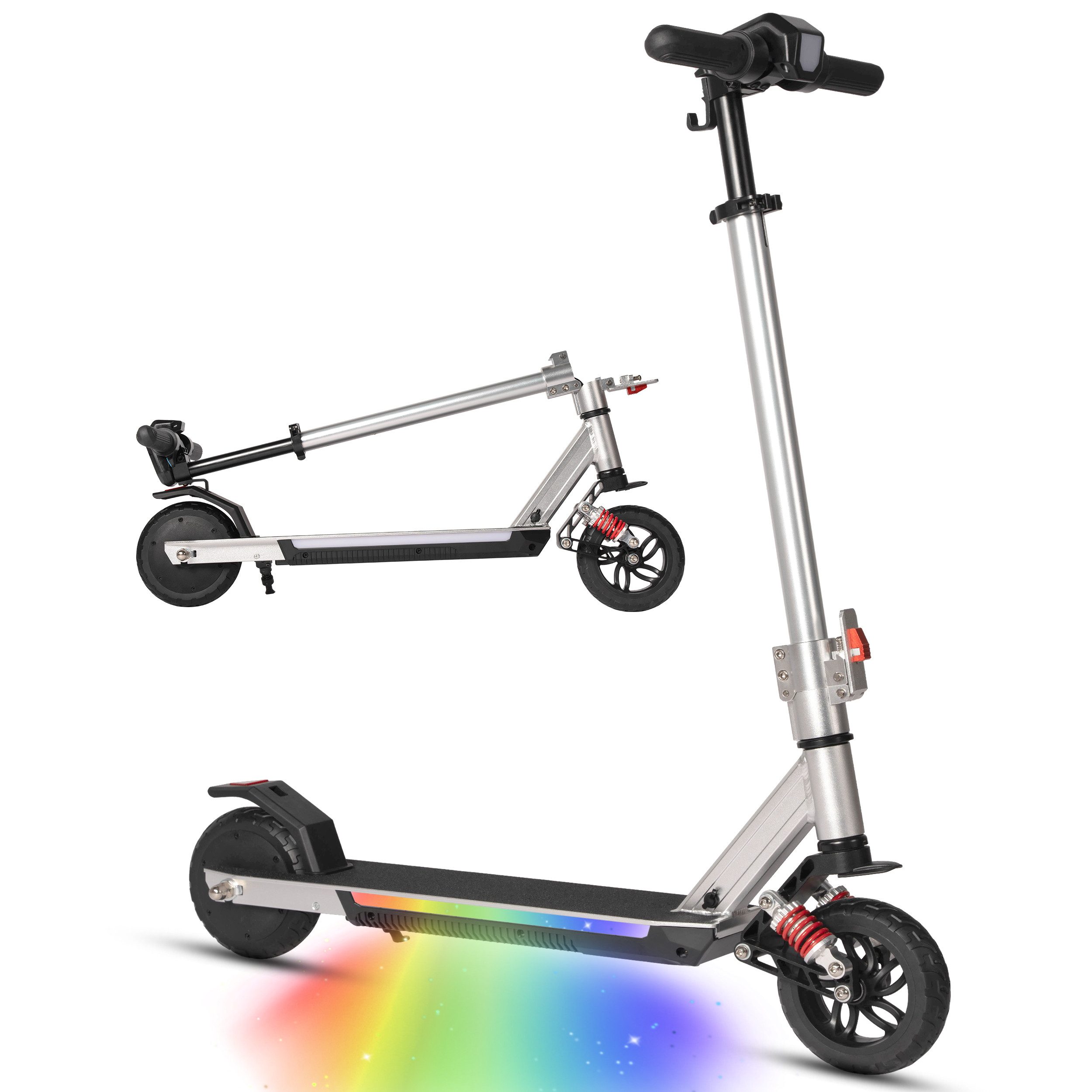 Vankel E-Scooter Kinder ab 10 Jahren, Federung, klappbarer E-roller, Bunte Leuchten, 150 W, 14 km/h, (EBS+Fußbremse, 2 Stoßdämpfer, höhenverstellbar), Elektro Kinderroller, E-Roller, max. 15km, Aluminiumrahmen