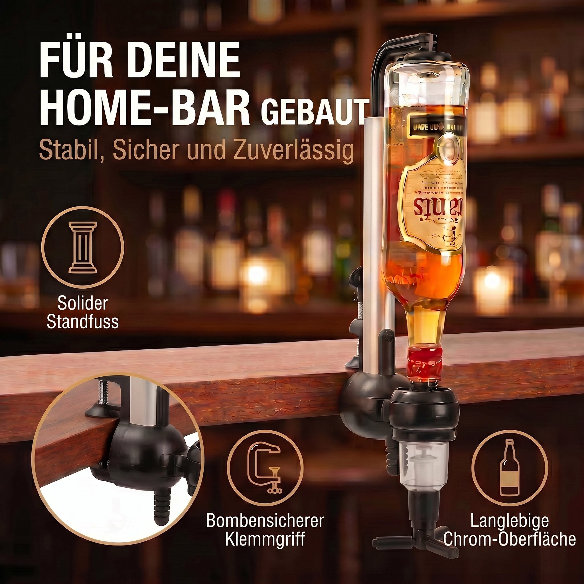 Goods+Gadgets Flaschenhalter Barbutler Flaschenhalter mit 2cl Dosierer–Edles Spirituosen-Accessoire, Flaschenhalterung für Getränke