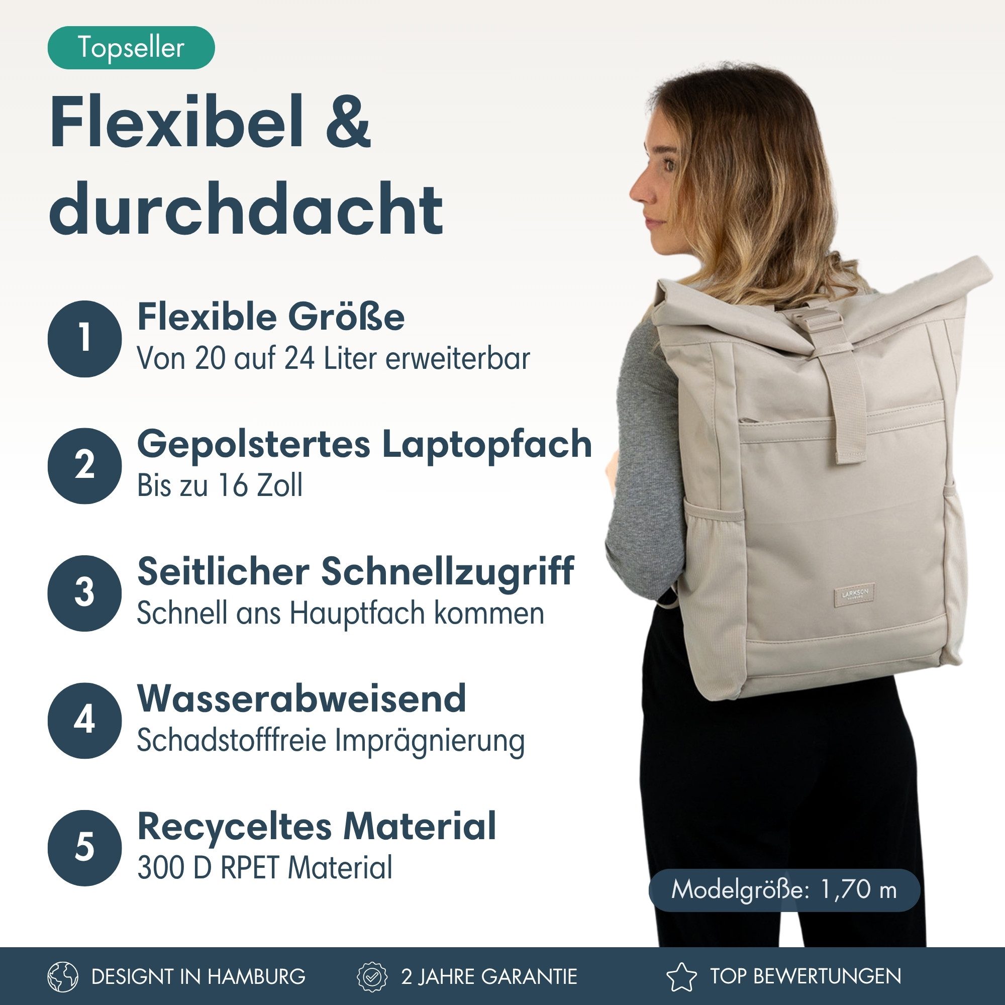 LARKSON Cityrucksack No 2, Rolltop Damen Herren, Laptop Fach (1-tlg), Wasserabweisend