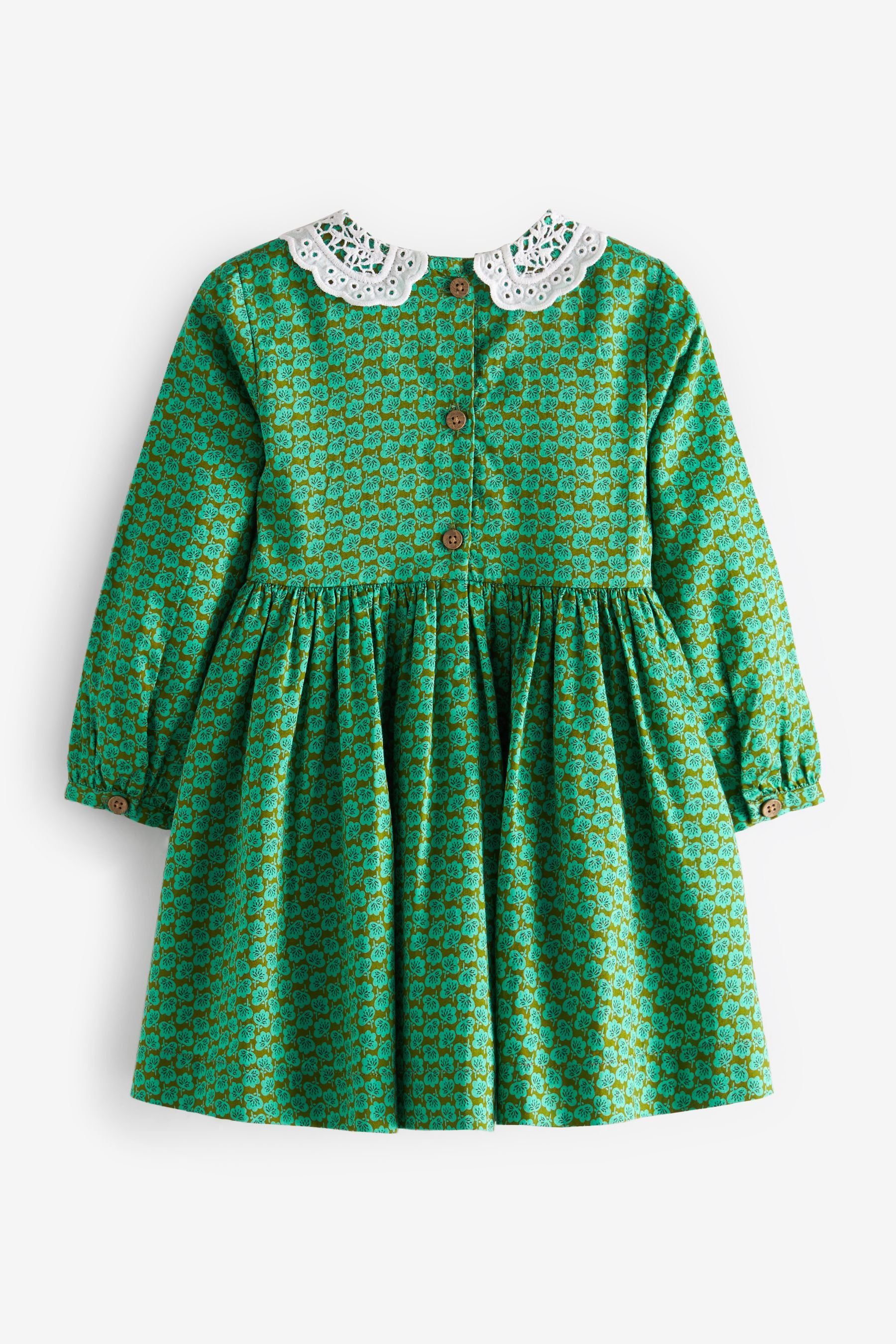 Next Druckkleid Bedrucktes, gesmoktes Kleid Kragen mit Geo Green (1-tlg)