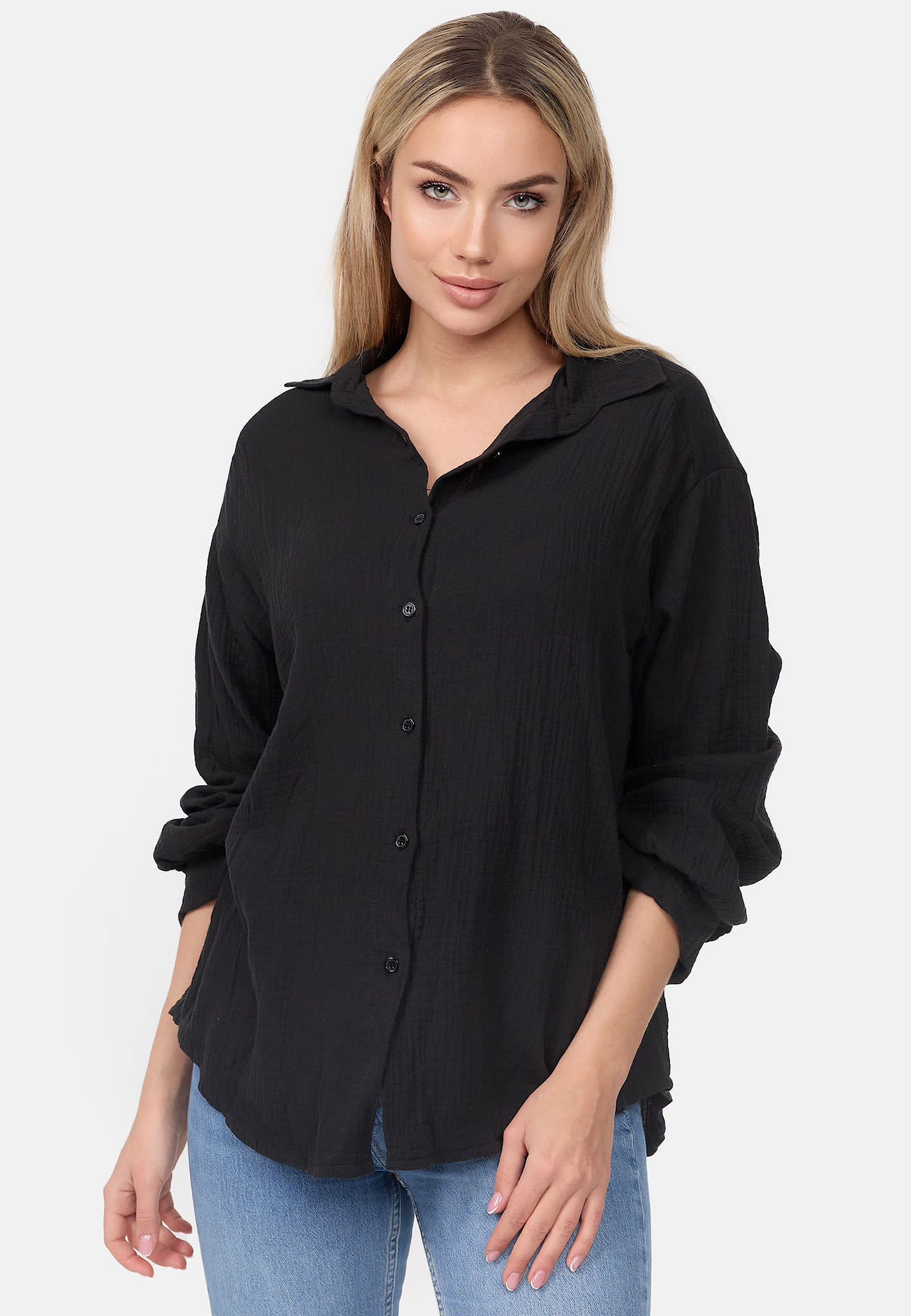 Worldclassca Hemdbluse Worldclassca Musselin Bluse Tunika Sommer Langarm Oberteil Einfarbig Neue Kollektion - Stilvolle und gemütliche Mode für Damen
