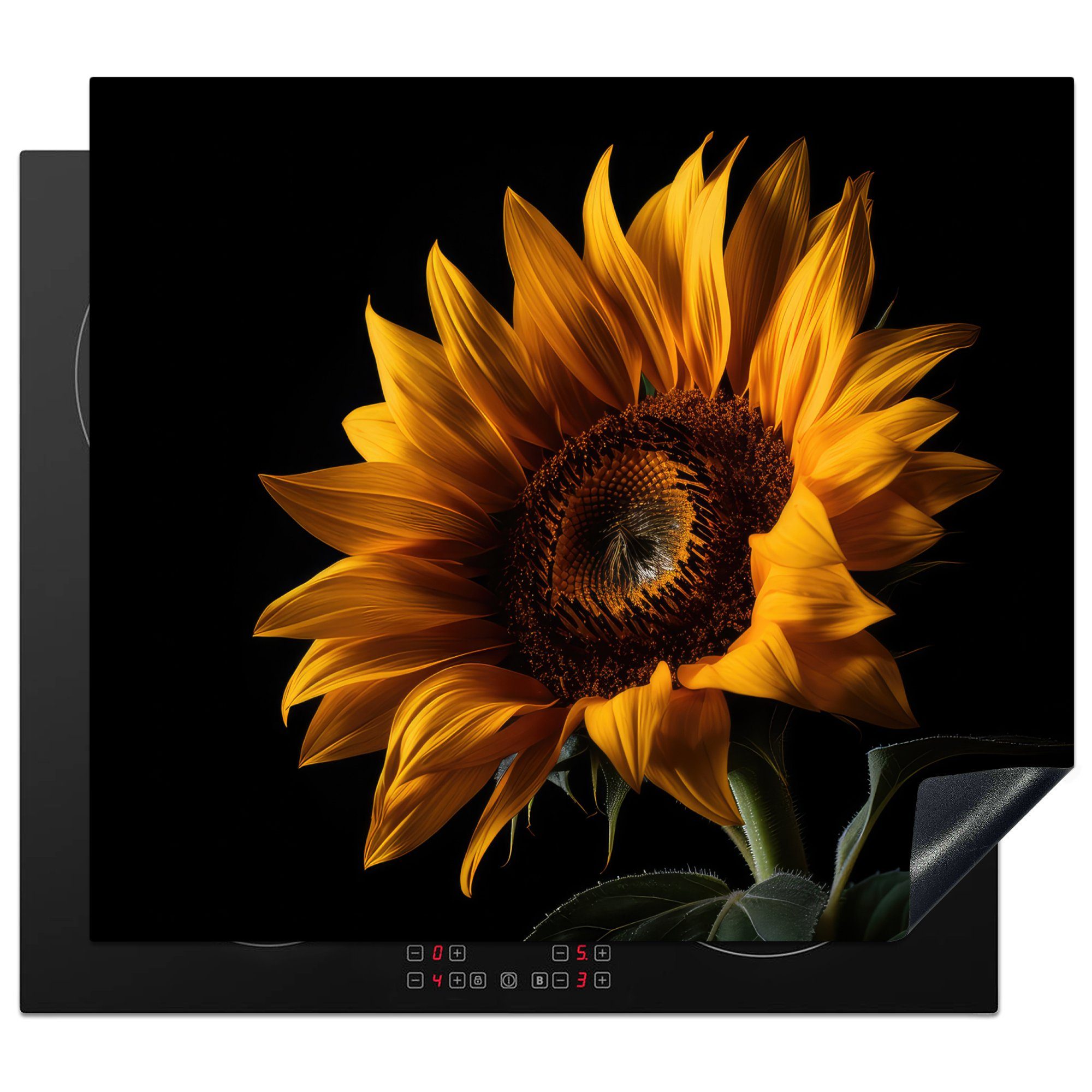 MuchoWow Herdblende-/Abdeckplatte Blumen - Botanisch - Schwarz - Sonnenblume, Vinyl, (1 tlg), 60x52 cm, Mobile Arbeitsfläche nutzbar, Ceranfeldabdeckung