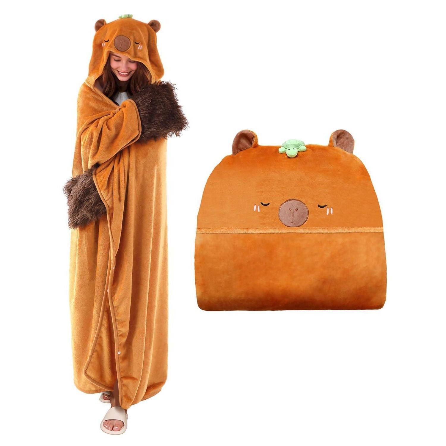 Wohndecke Hoodie Decke mit Handschuhen 150x130cm Capybara, LuxusKollektion