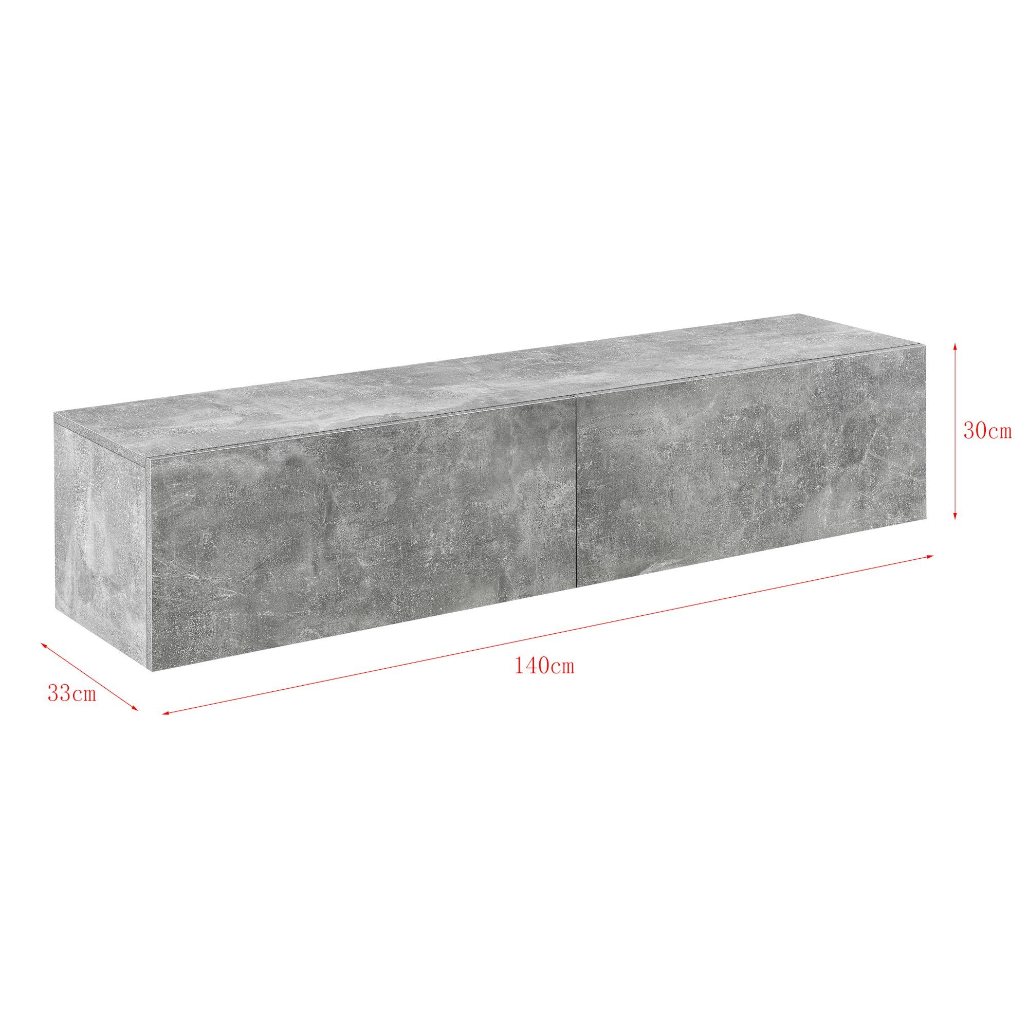 en.casa Hängeschrank »Evaton« TV Lowboard 140cm, 2 Ablagefächer, Betonoptik