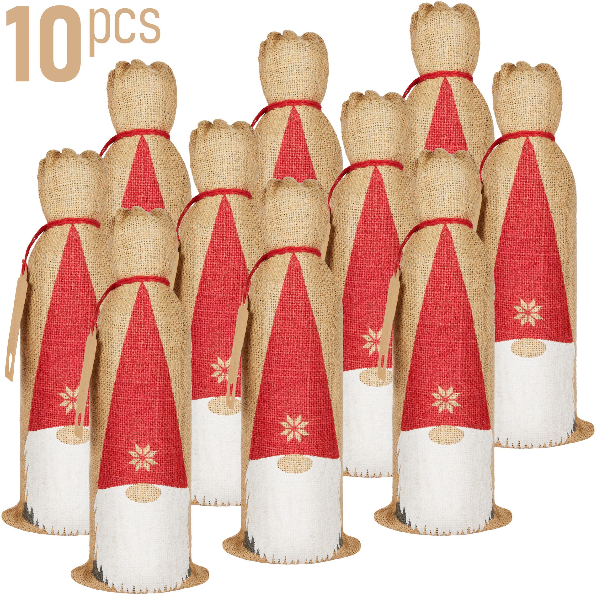 BRUBAKER Weinflaschenhalter Weihnachten Weinbeutel - Gnom Weihnachtsmann - 36 cm x 17 cm Jutesack, (Weinsack aus Jute - Weintasche Sack, 10-St., Geschenk für Wein, Sekt und Champagner), Flaschenbeutel für Weingeschenk