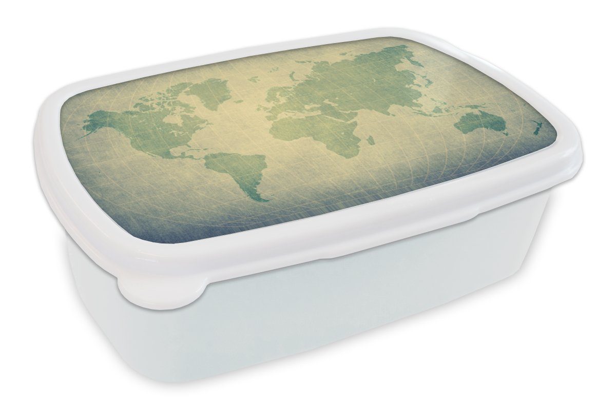 MuchoWow Lunchbox Weltkarte - Globus - Grün - Kinder - Jungen - Mädchen, Kunststoff, (2-tlg), Brotbox für Kinder und Erwachsene, Brotdose, für Jungs und Mädchen weiß