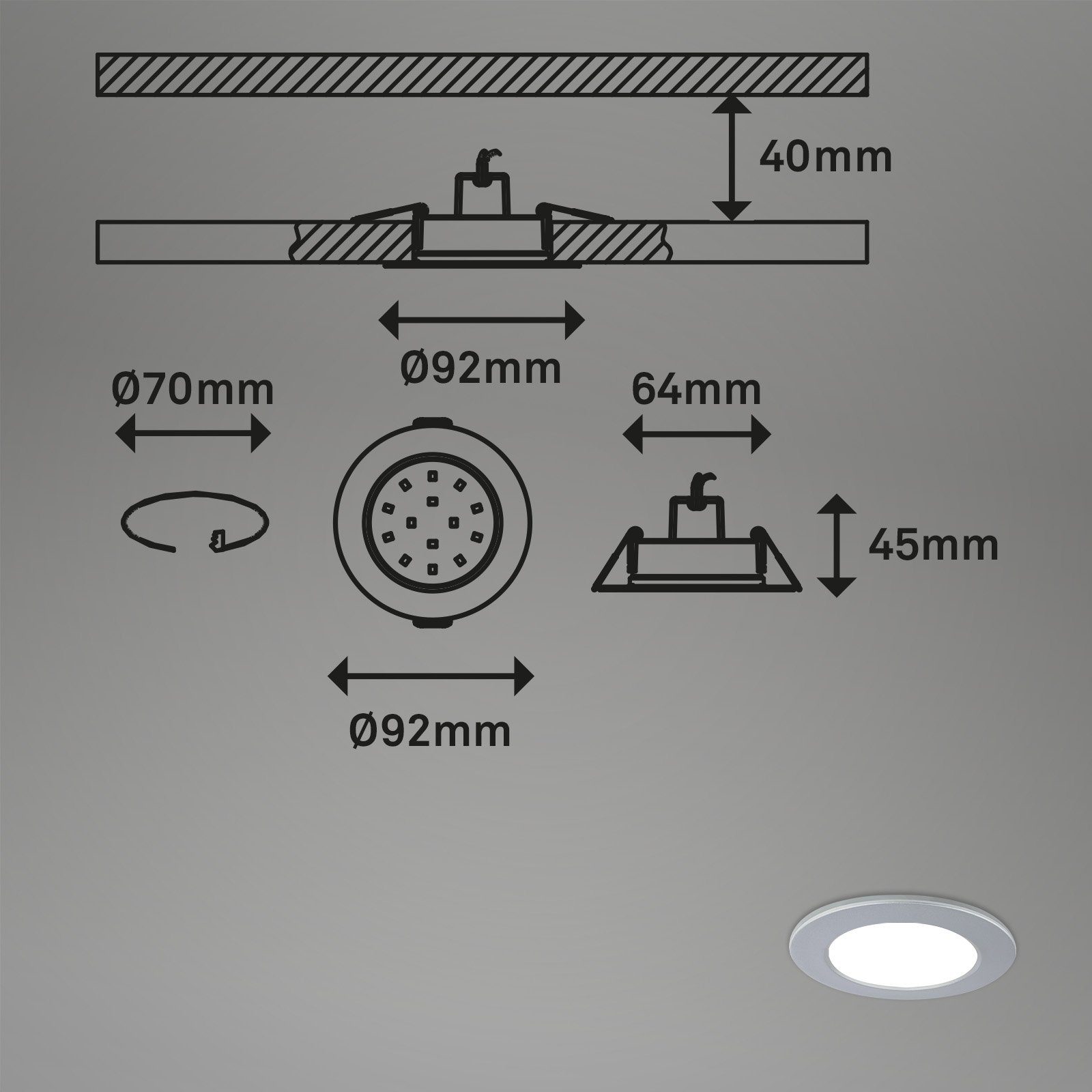 Farbwechsler, Einbauleuchten Kaltweiß, mm, 4,8W, Einbauleuchte Timer, Farbtemperatursteuerung, Strahlwasserschutz, Bad, fest 7035-034, verbaut, Tageslichtweiß, LED Nachtlicht, CCT Fernbedienung, Briloner Flur Warmweiß, Badezimmer, LED Leuchten Speicherfunktion, dimmbar, Neutralweiß, 92x45 Chrom-Matt,