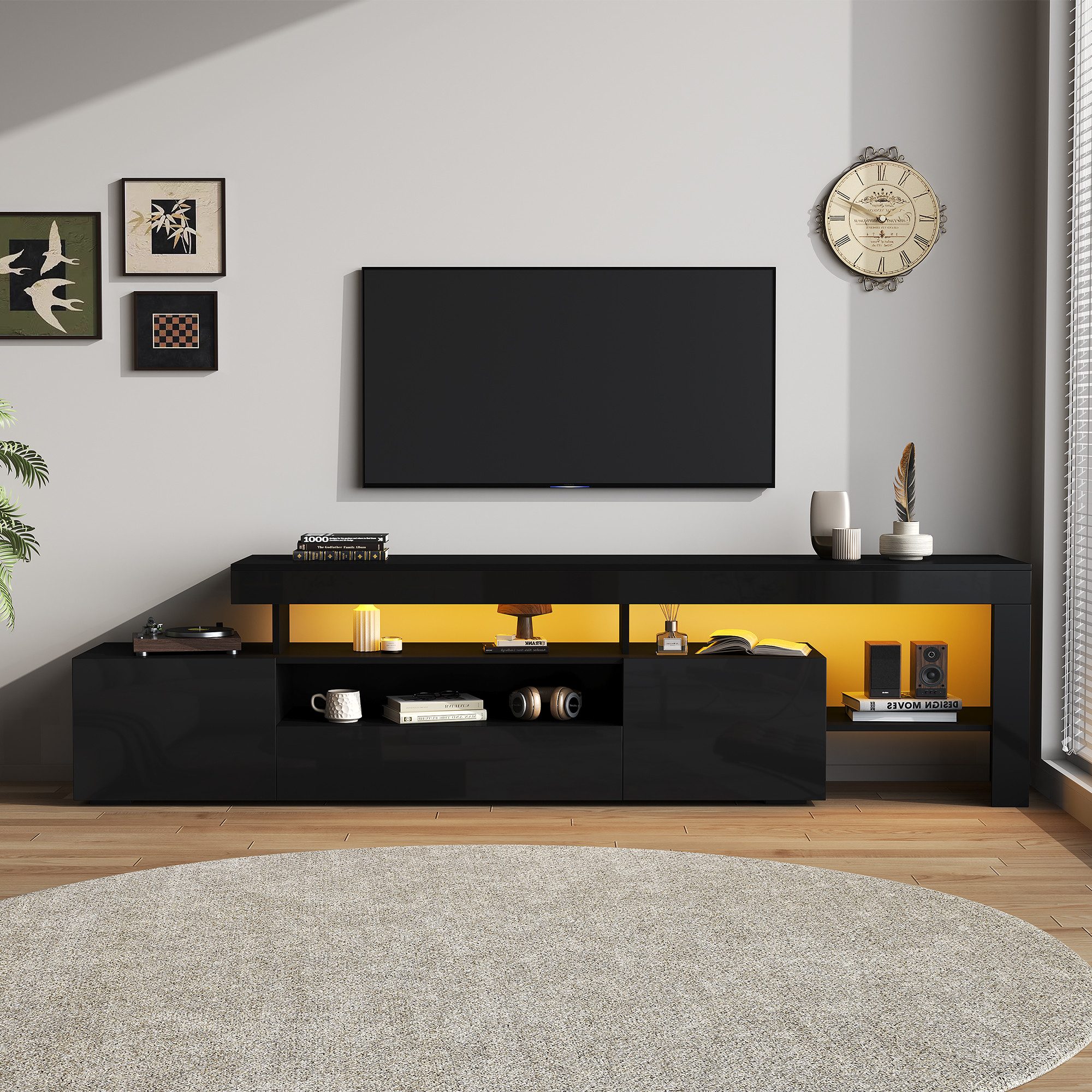 BlingBin Lowboard TV schrank mit 3 Klapptüren und LED-Beleuchtung, Hochglanzfront (TV stand, 1 St., TV-Kommode Geeignet für Fernseher um 85 Zoll), Fernsehschrank mit App-gesteuerter RGB-LED-Beleuchtung, Schwarz