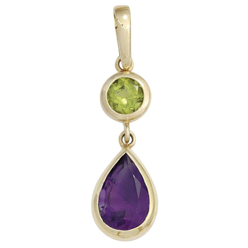 Kettenanhänger Anhänger, Peridot, Amethyst Tropfen, 585 Gelbgold