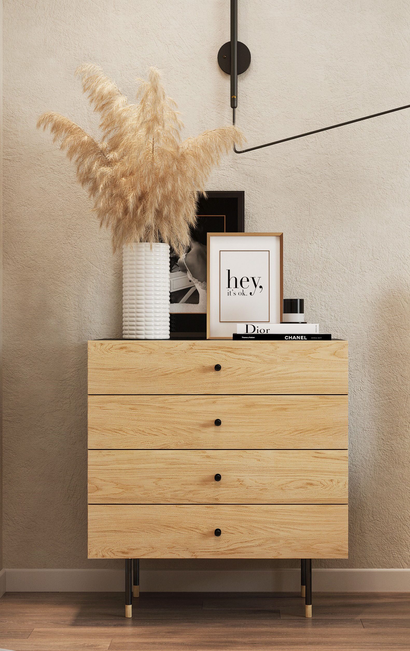 Woodman Kommode Jugend, Echtholzfurnier aus Eiche, in 2 Breiten, mit Schubladen, Metallfüße