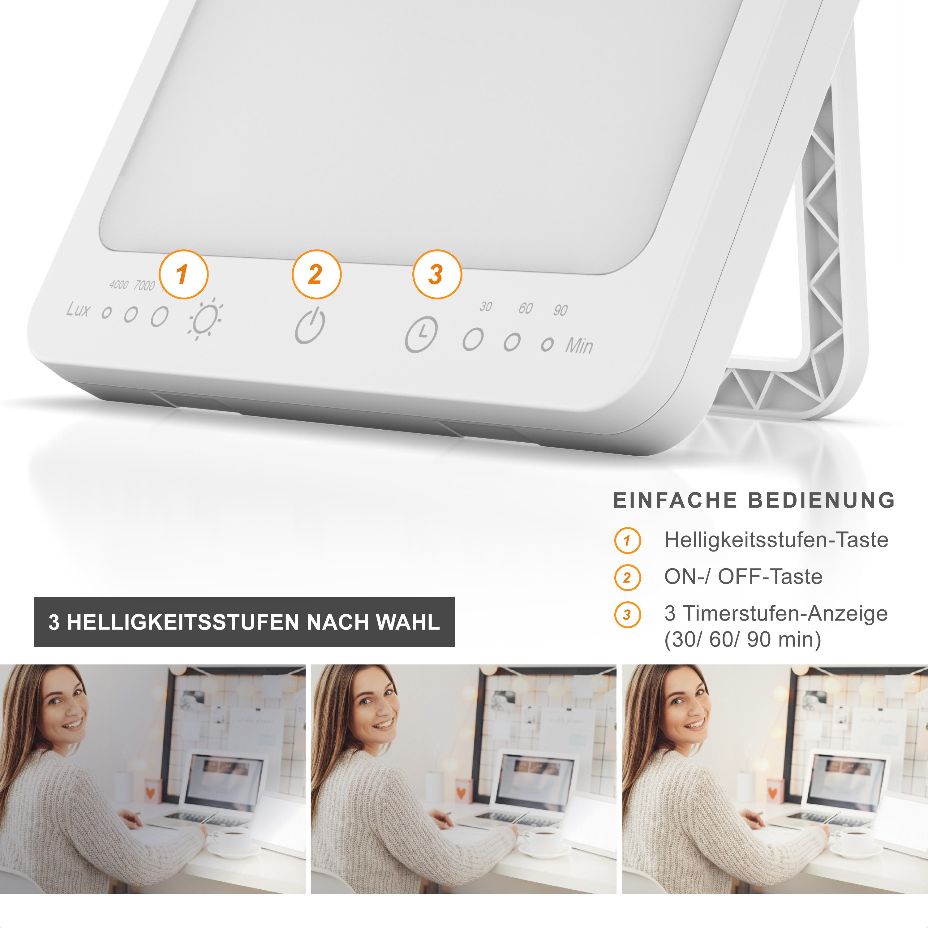 MyBeo Tageslichtlampe LED Lichttherapielampe, Tageslichtleuchte mit Standfuß, Lichtdusche, Dimmfunktion, verschiedene Lichtmodi, LED fest verbaut, Kaltweiß, Sim – Bild 3 von 5