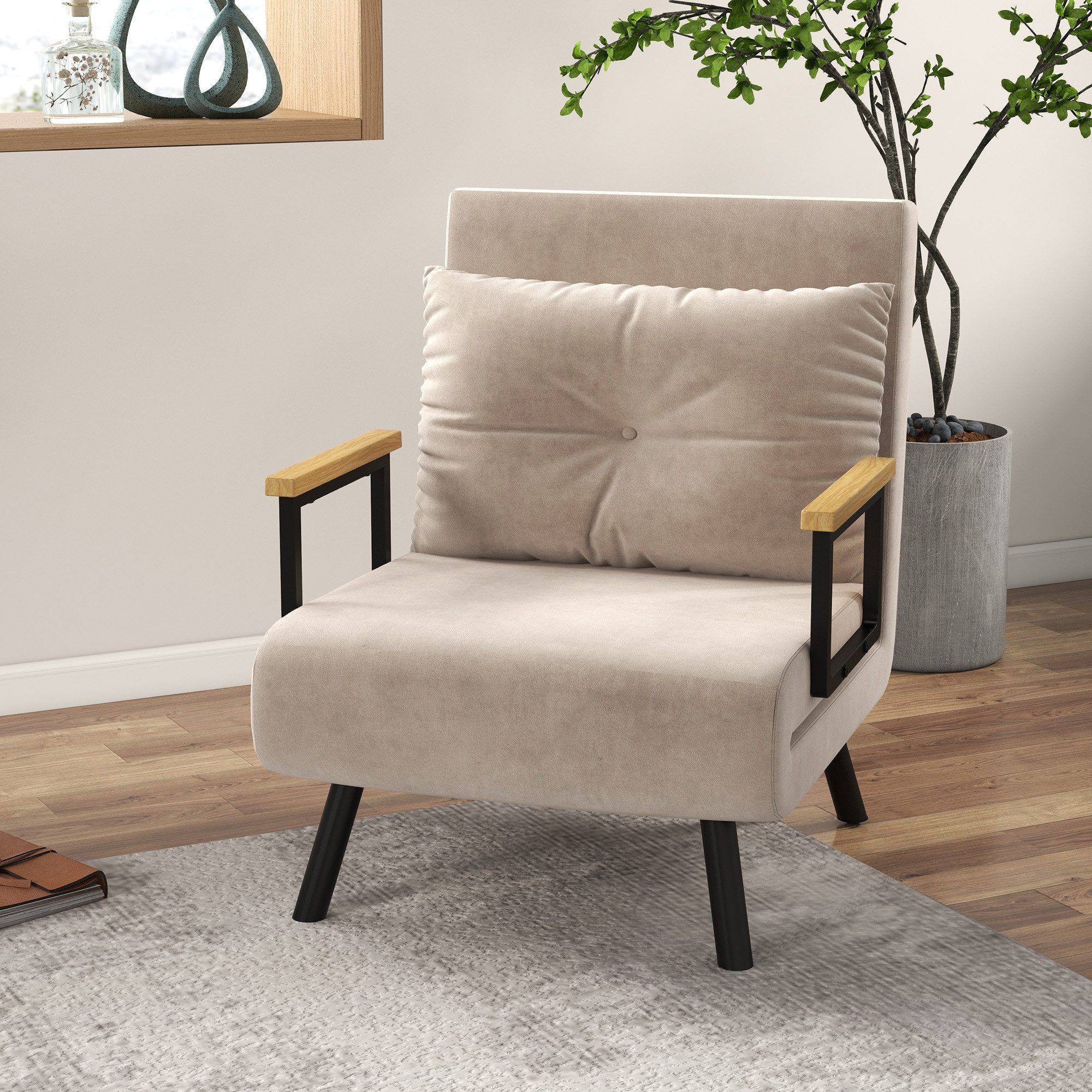 HOMCOM Schlafsofa Schlafsessel mit Schlaffunktion, Lendenkissen und Samtoptik, Verstellbare Sessel 1 Teile, 73 x 63 x 81 cm, Beige