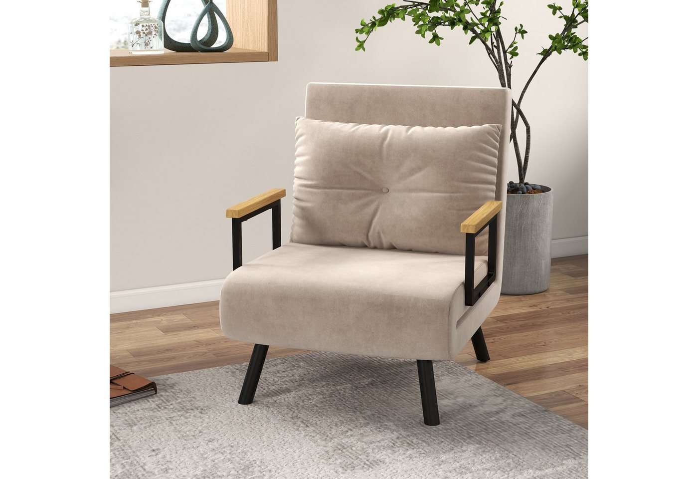 HOMCOM Schlafsofa Schlafsessel mit Schlaffunktion, Lendenkissen und Samtoptik, Verstellbare Sessel 1 Teile, 73 x 63 x 81 cm, Beige
