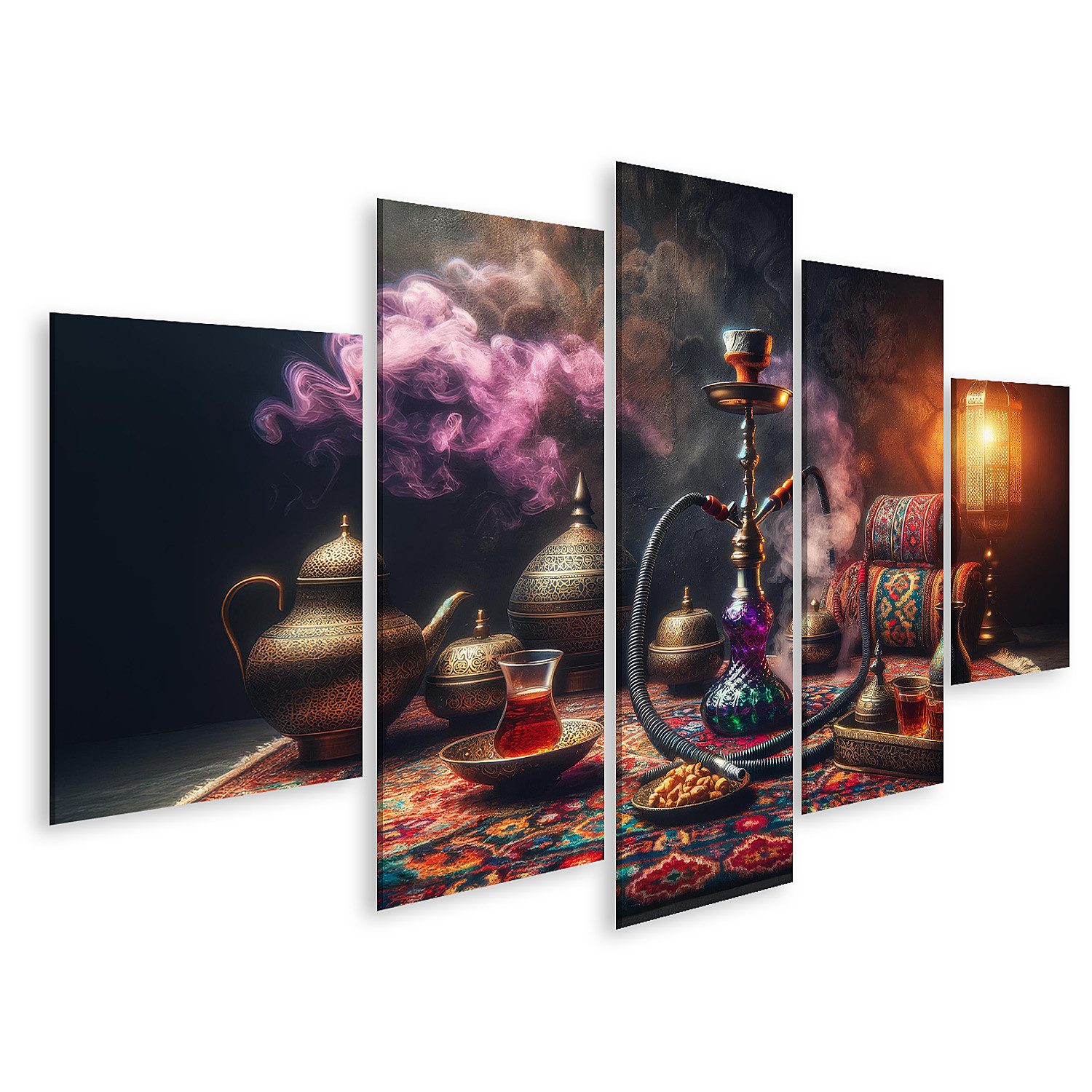Leinwandbild Orientalische Lounge mit rauchender Shisha und traditionellem Teeset