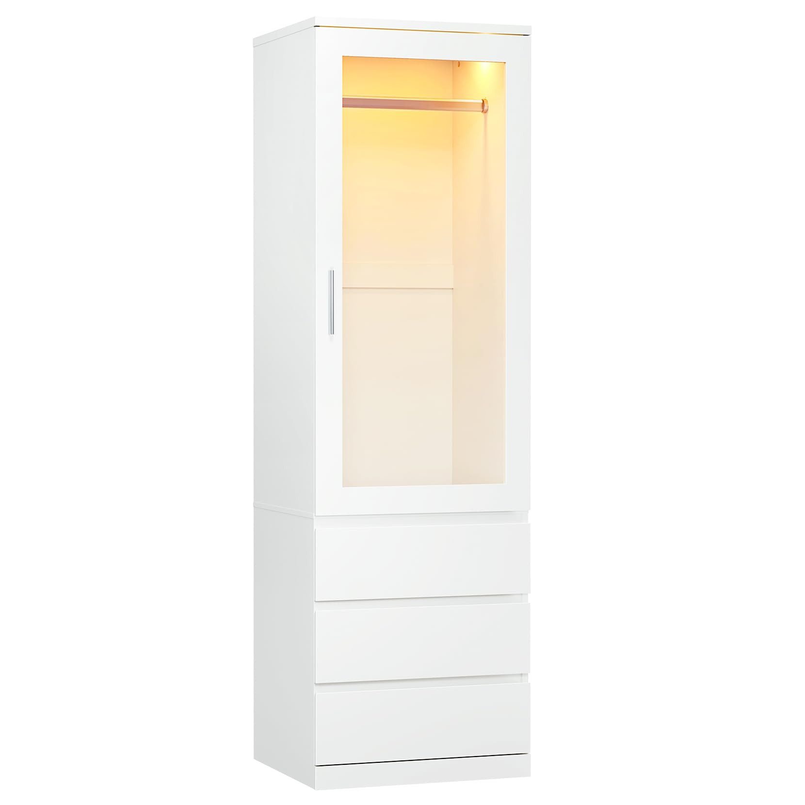 Dripex Kleiderschrank Kleiderschrank Weiß Acrylfront 3 Schubladen, kompakt H180xB40xT48cm