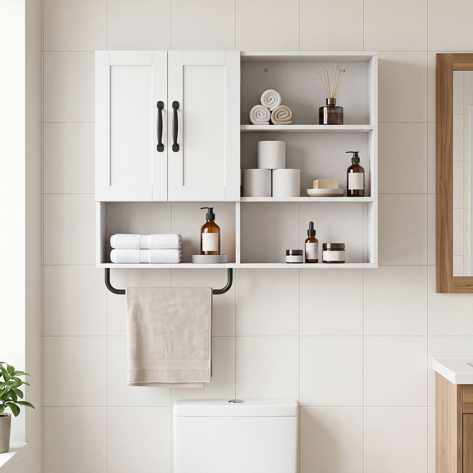 COSTWAY Hängeschrank Badezimmerschrank mit Handtuchhalter, Fächern Wandschrank Holz – Bild 2 von 5