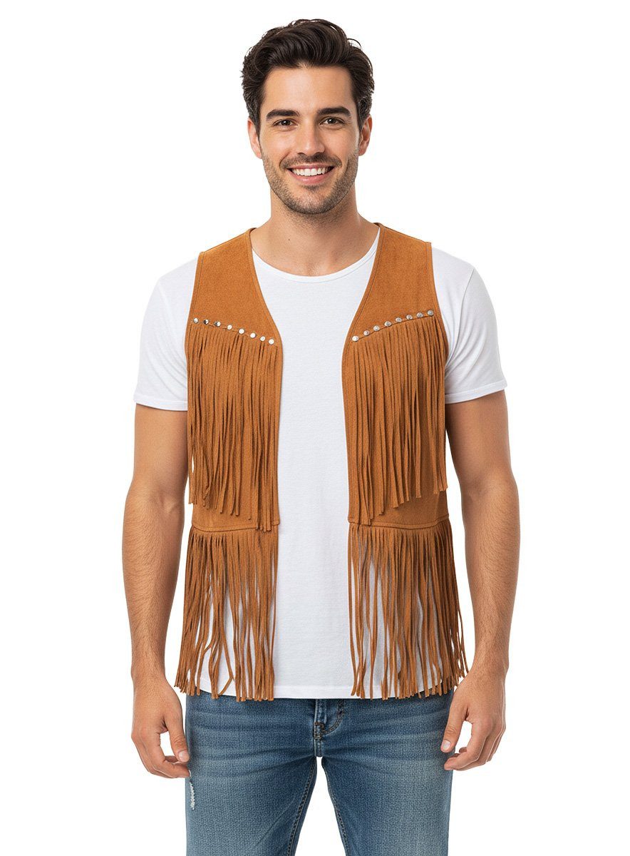 Metamorph Cowboy-Kostüm Hippie Fransenweste braun Fasching Karnevalskostüm, Ärmellose Kunstlederweste für Hippies, Biker, Trapper und Natives